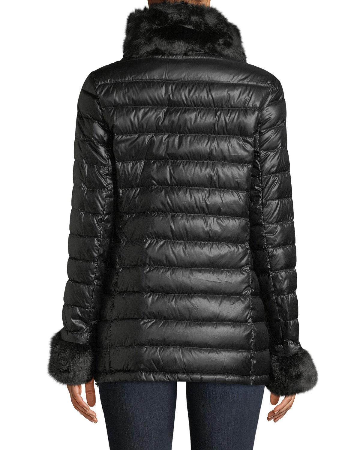 Via Spiga Packable Puffer Jacket W/faux-fur Trim in Black - Lyst
