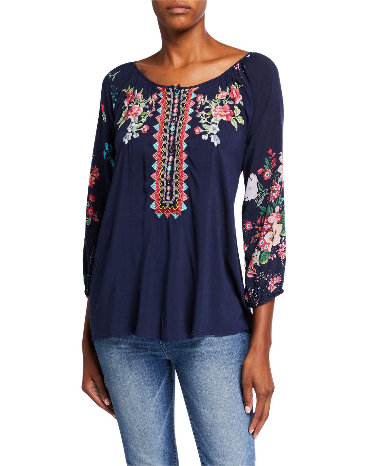 Johnny Was Sheera Embroidered 3/4-sleeve Challis Blouse W/ Floral ...