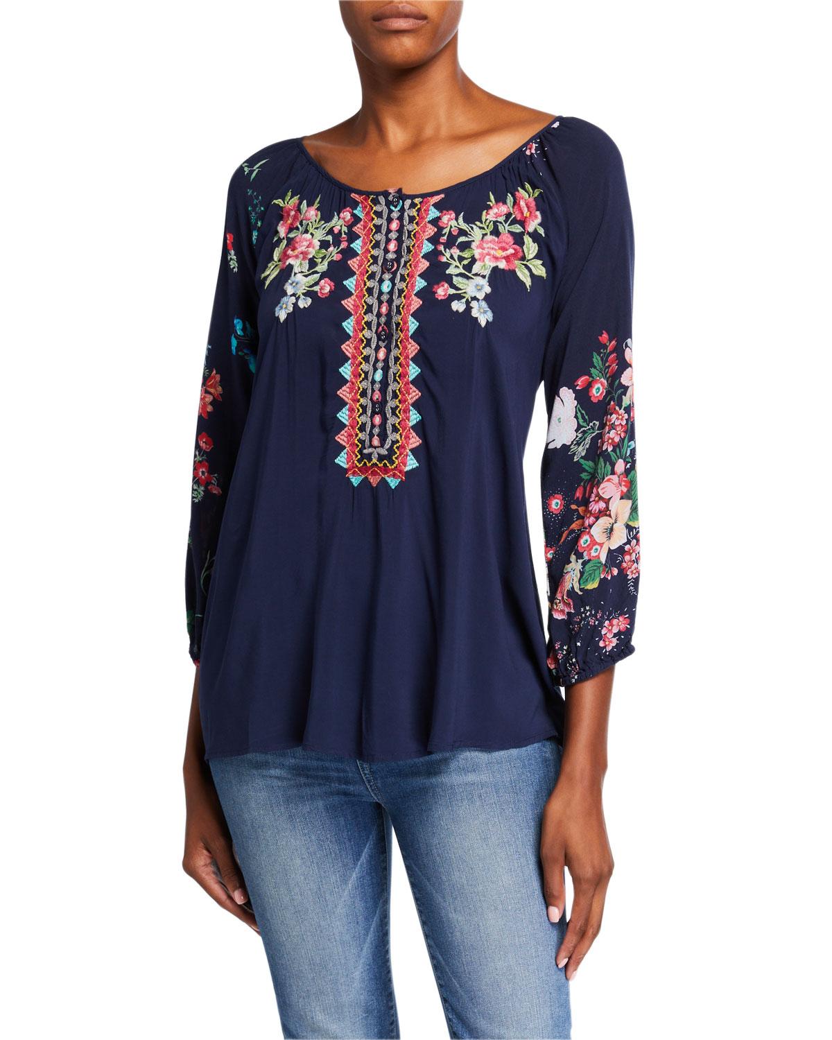 Johnny Was Sheera Embroidered 3/4sleeve Challis Blouse W/ Floral