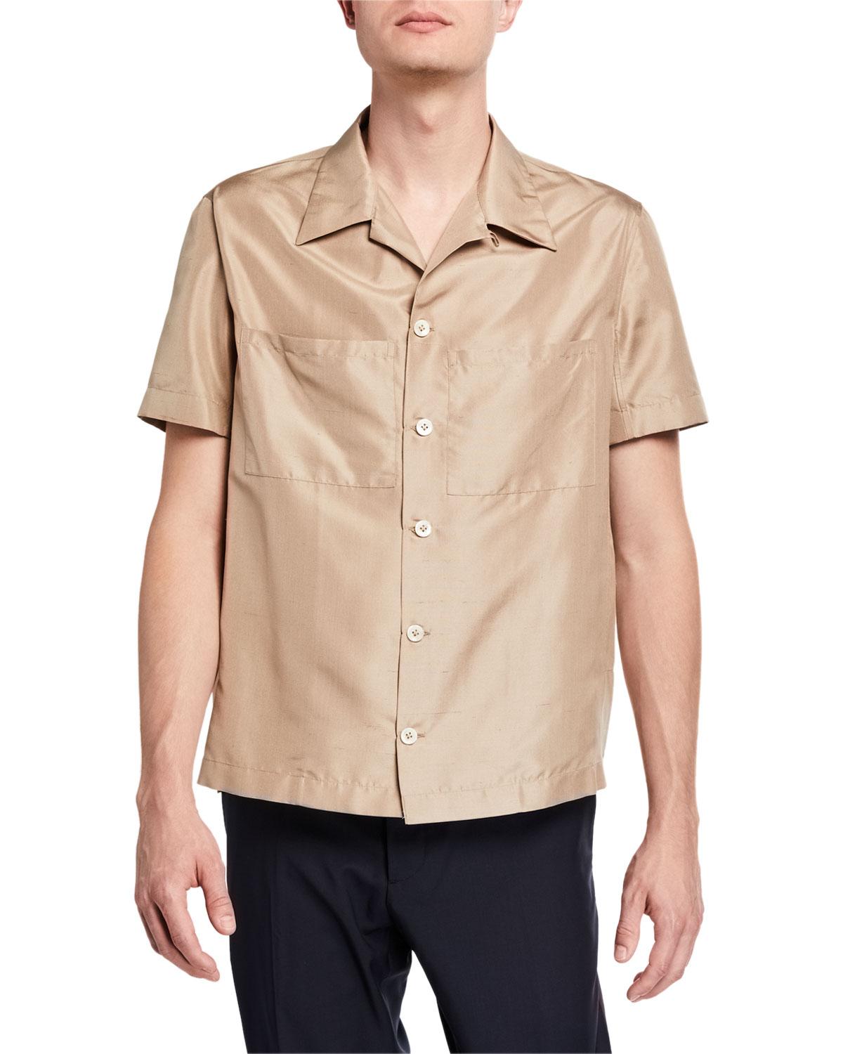 Valentino Men's Silk Shortsleeve Buttondown Shirt in Beige (Natural