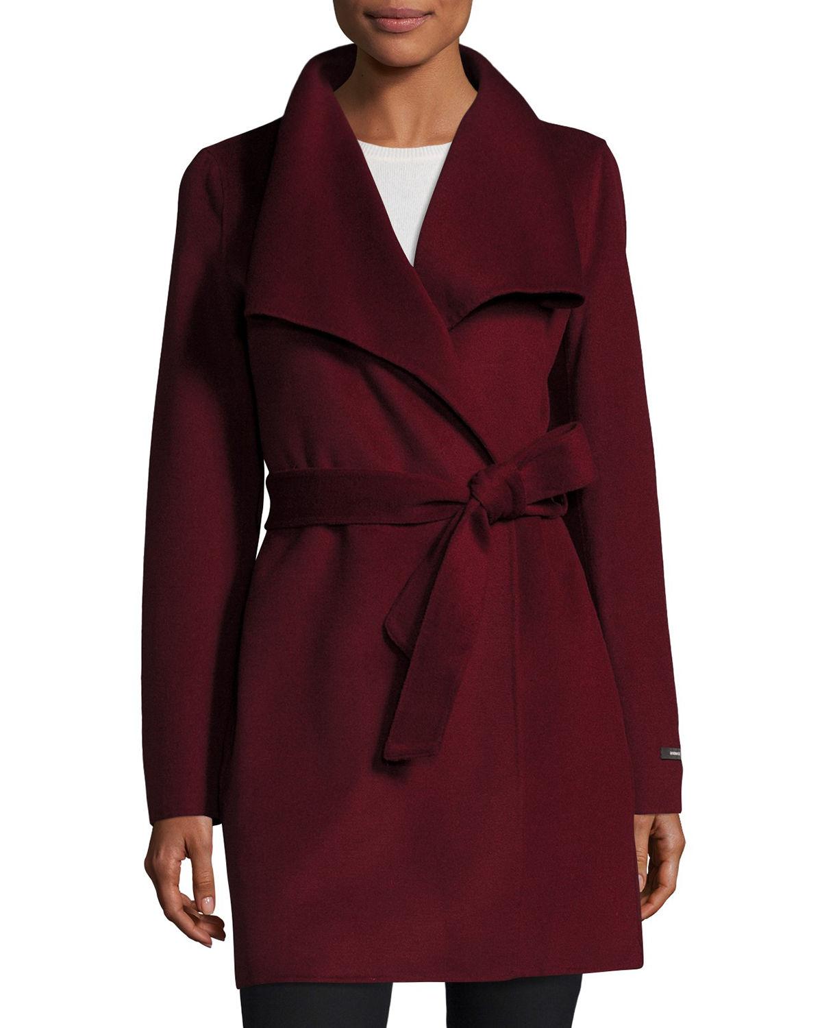 T Tahari Wool-blend Belted Wrap Coat in Burgundy (Brown) - Lyst