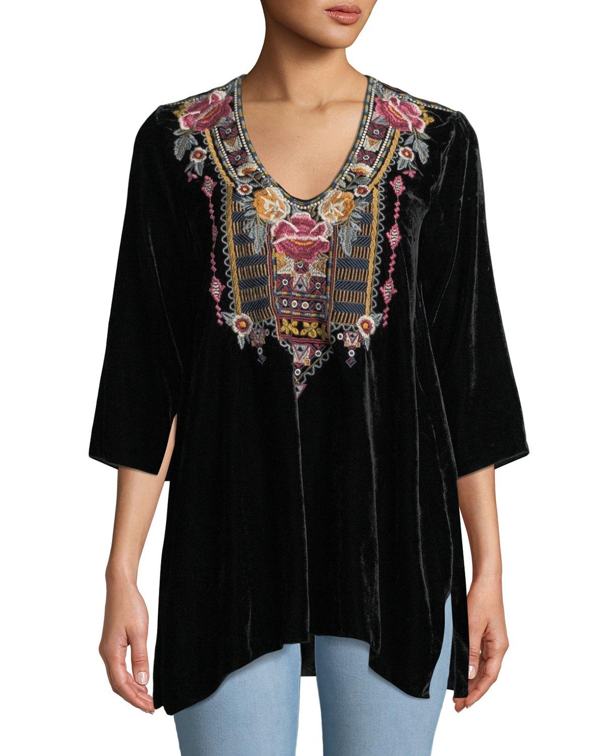 Johnny Was Cherelle Embroidered Velvet Tunic in Black Lyst