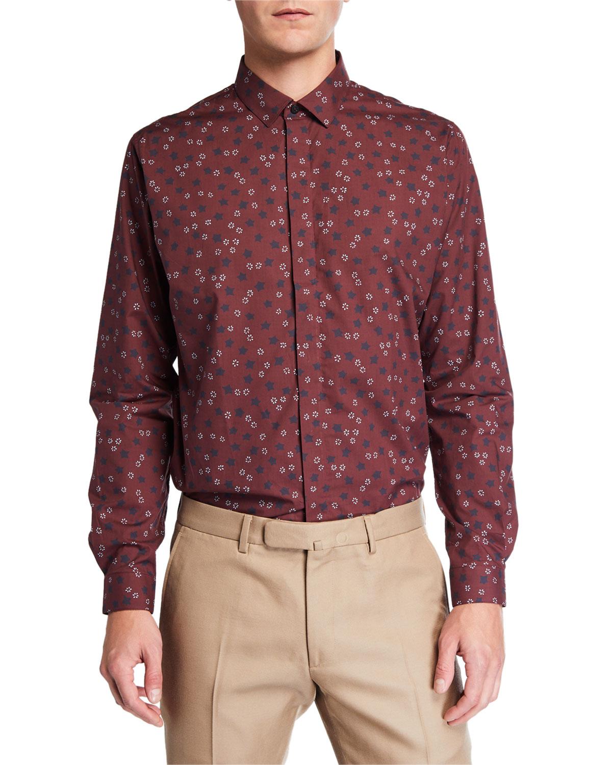 Valentino Long Sleeve Floral & Star Print Cotton Shirt in Red for Men