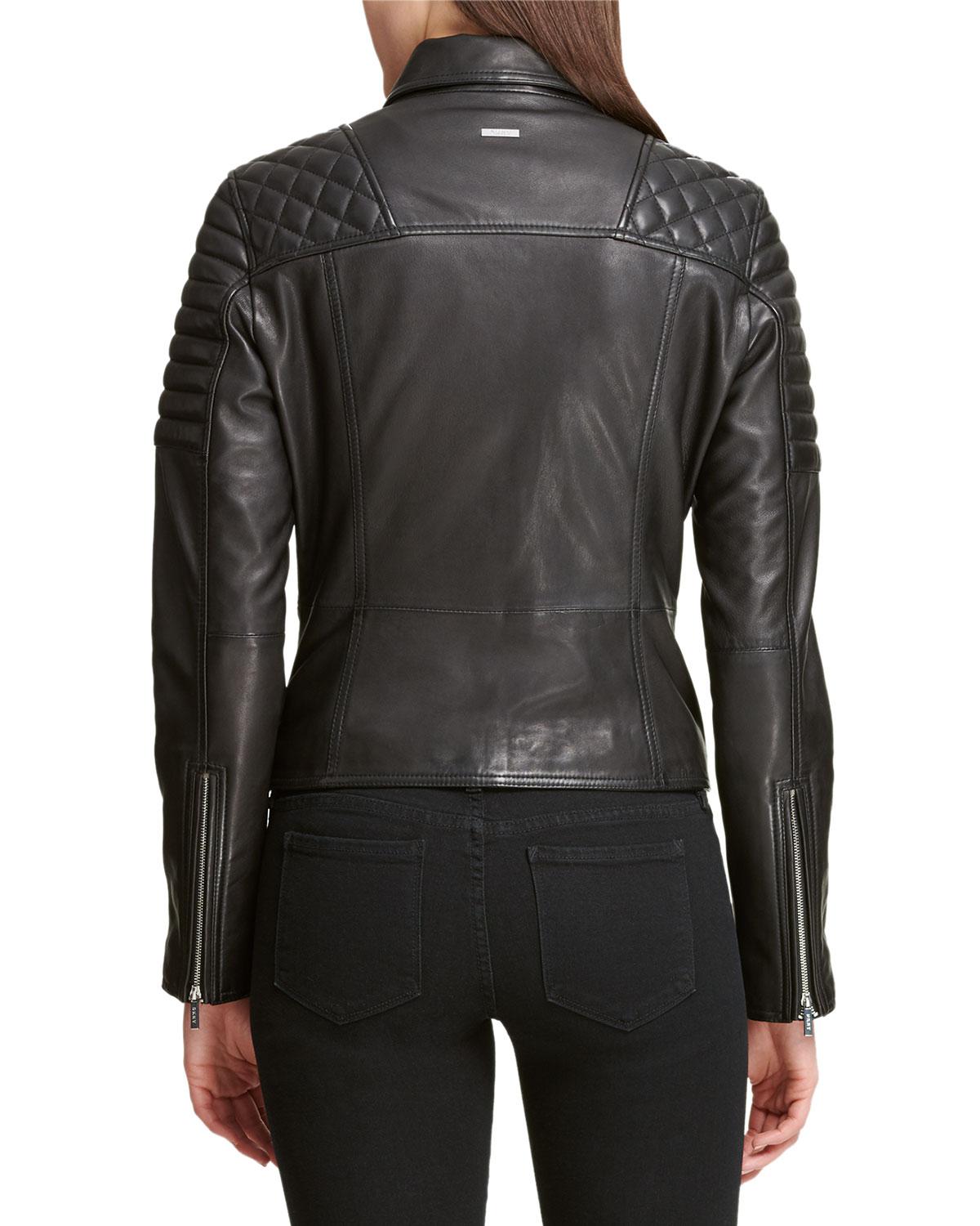 DKNY Leather Solid Quilted Asymmetrical Moto Jacket in Black Lyst
