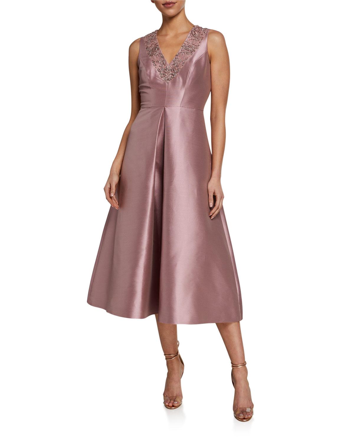 THEIA Synthetic Beaded Vneck Tealength Dress With Pockets in Purple