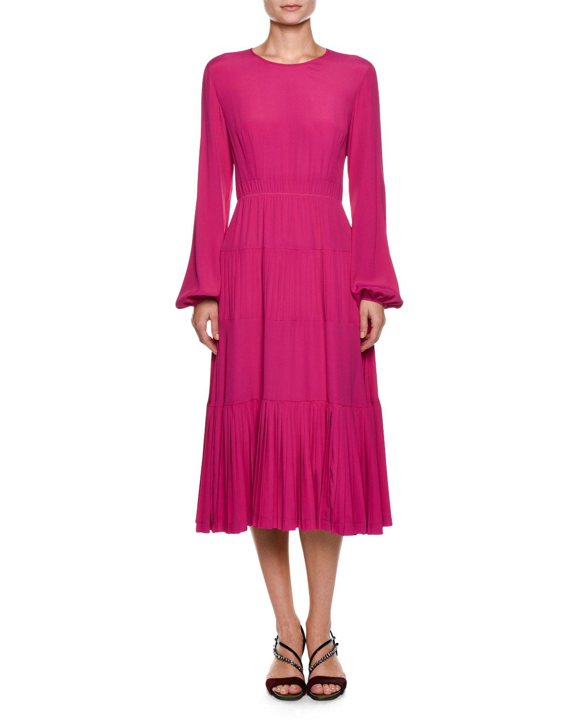 N°21 Silk Long-sleeve Pleated Midi Dress in Pink - Lyst
