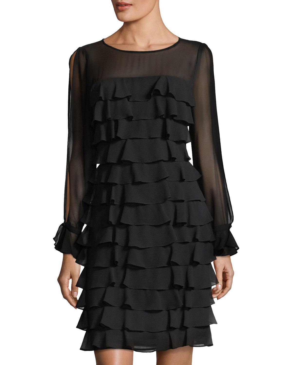 Karl Lagerfeld Chiffon Long-sleeve Sheer Ruffle Dress in Black - Lyst