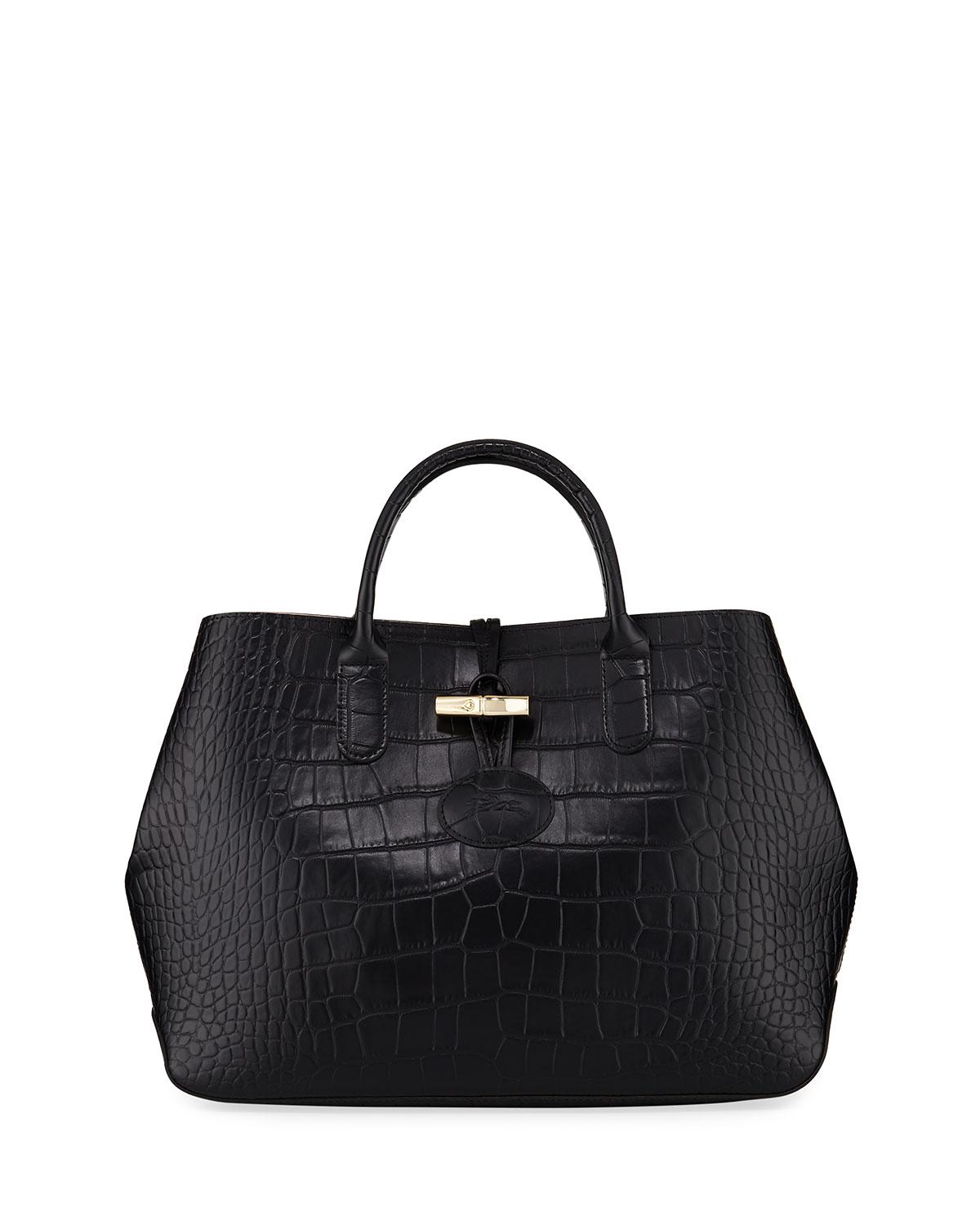 Longchamp Leather Crocodile-embossed Satchel Bag in Black - Lyst