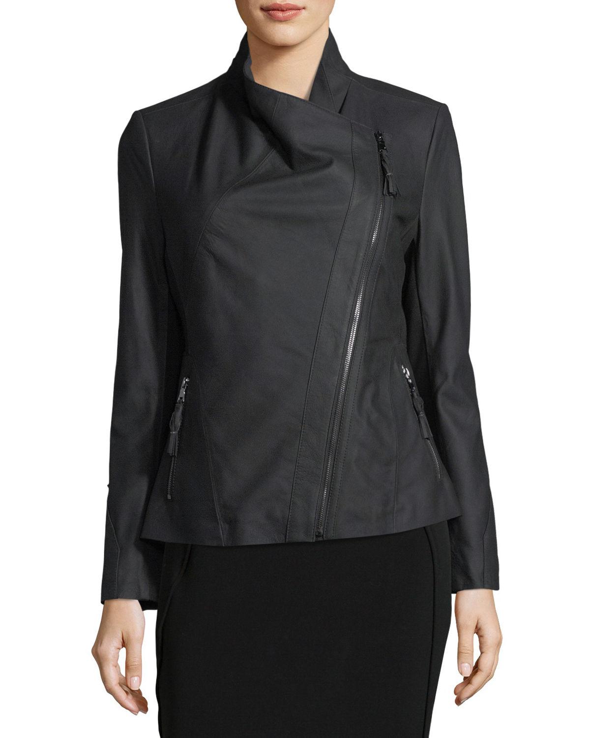 Via Spiga Ponté Panel Asymmetric Zip Leather Jacket In Black Lyst Via Spiga Women S Black Ponté Panel Asymmetric Zip Leather Jacket