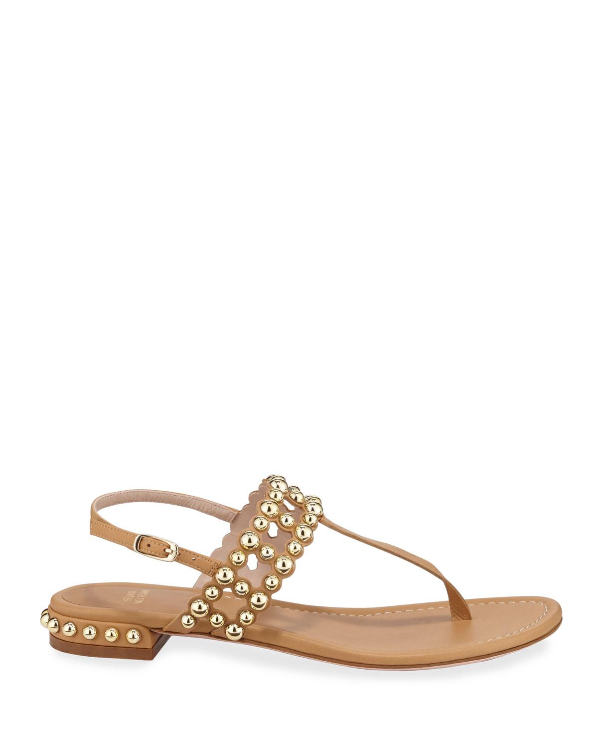 Stuart Weitzman Leather Taxi Studded T-strap Flat Sandals in Camel ...