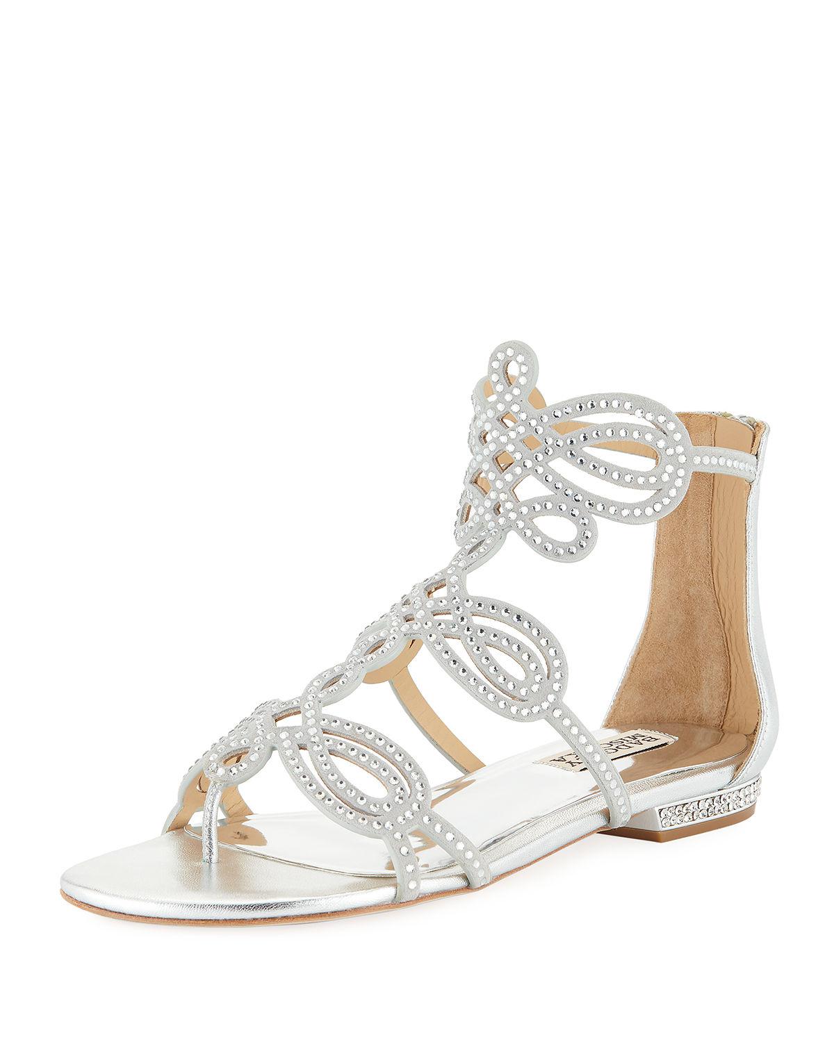 Badgley Mischka Leather Tempe Rhinestone Flat Gladiator Sandal in Black ...