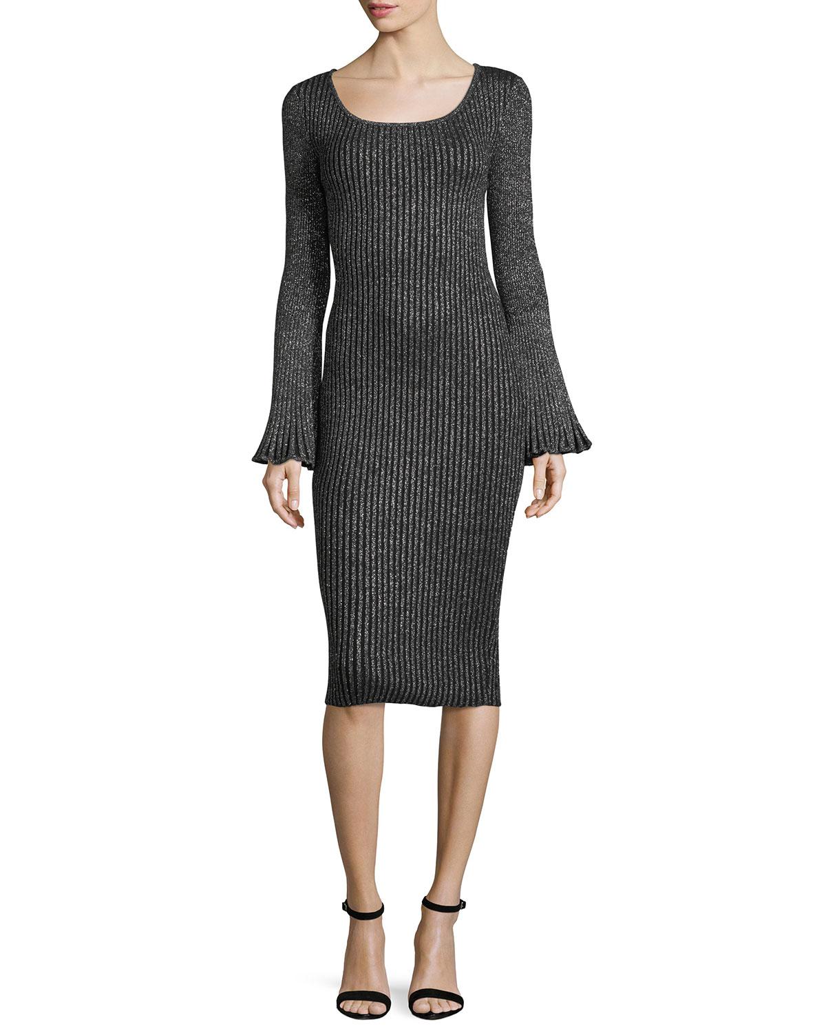 MILLY Synthetic Flare-sleeve Ribbed Metallic Sweater Dress in Black - Lyst