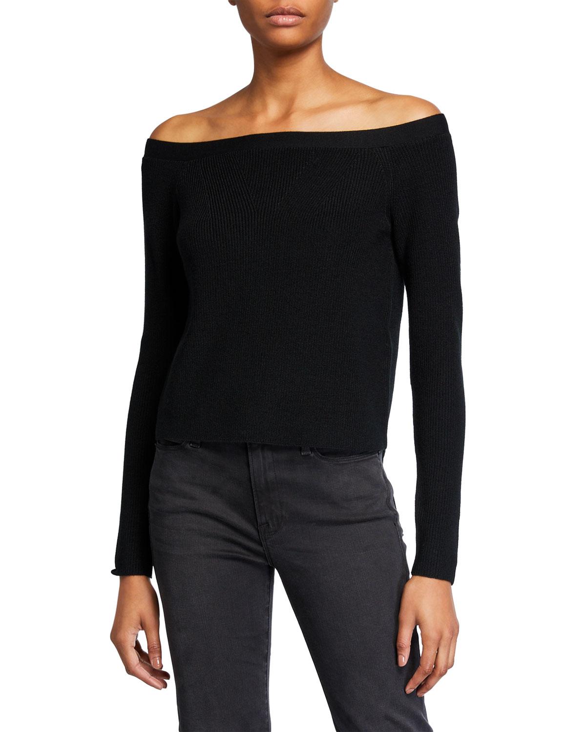 FRAME Wool Boatneck Cropped Ribknit Sweater in Black Lyst