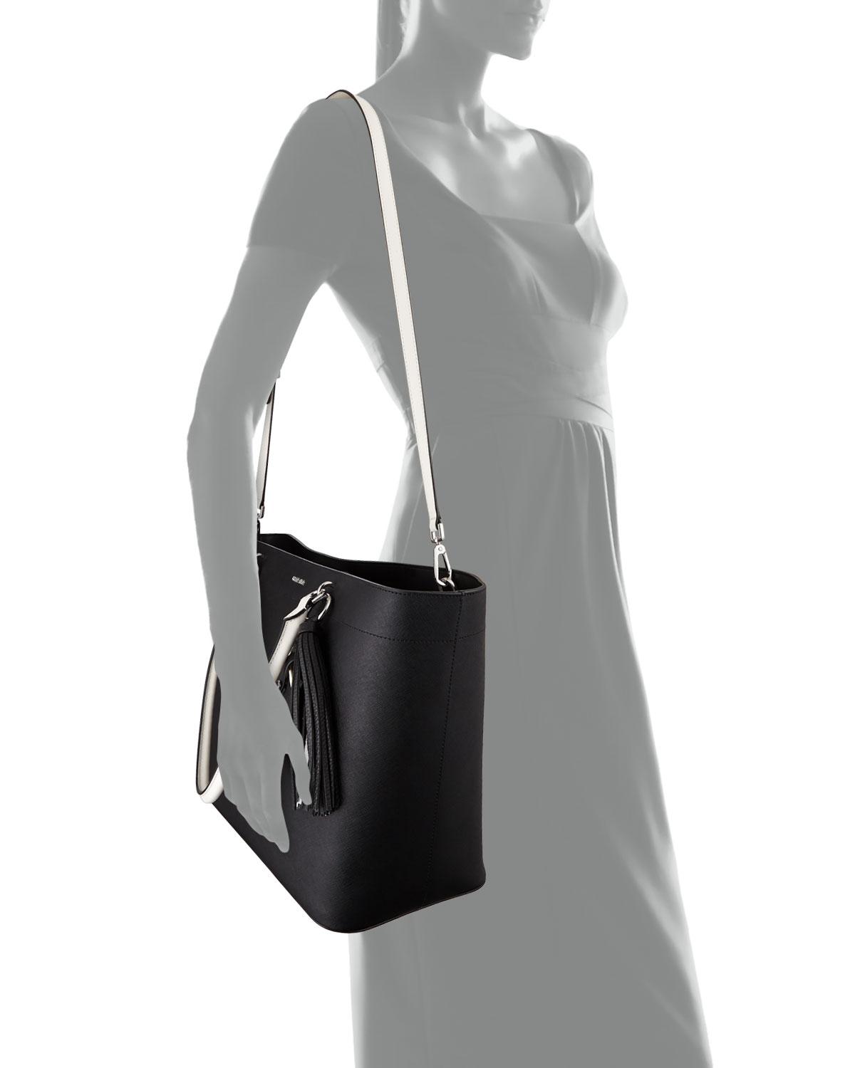 Calvin Klein Colorblock Saffiano Leather Tote Bag in Black/White (Black) Lyst