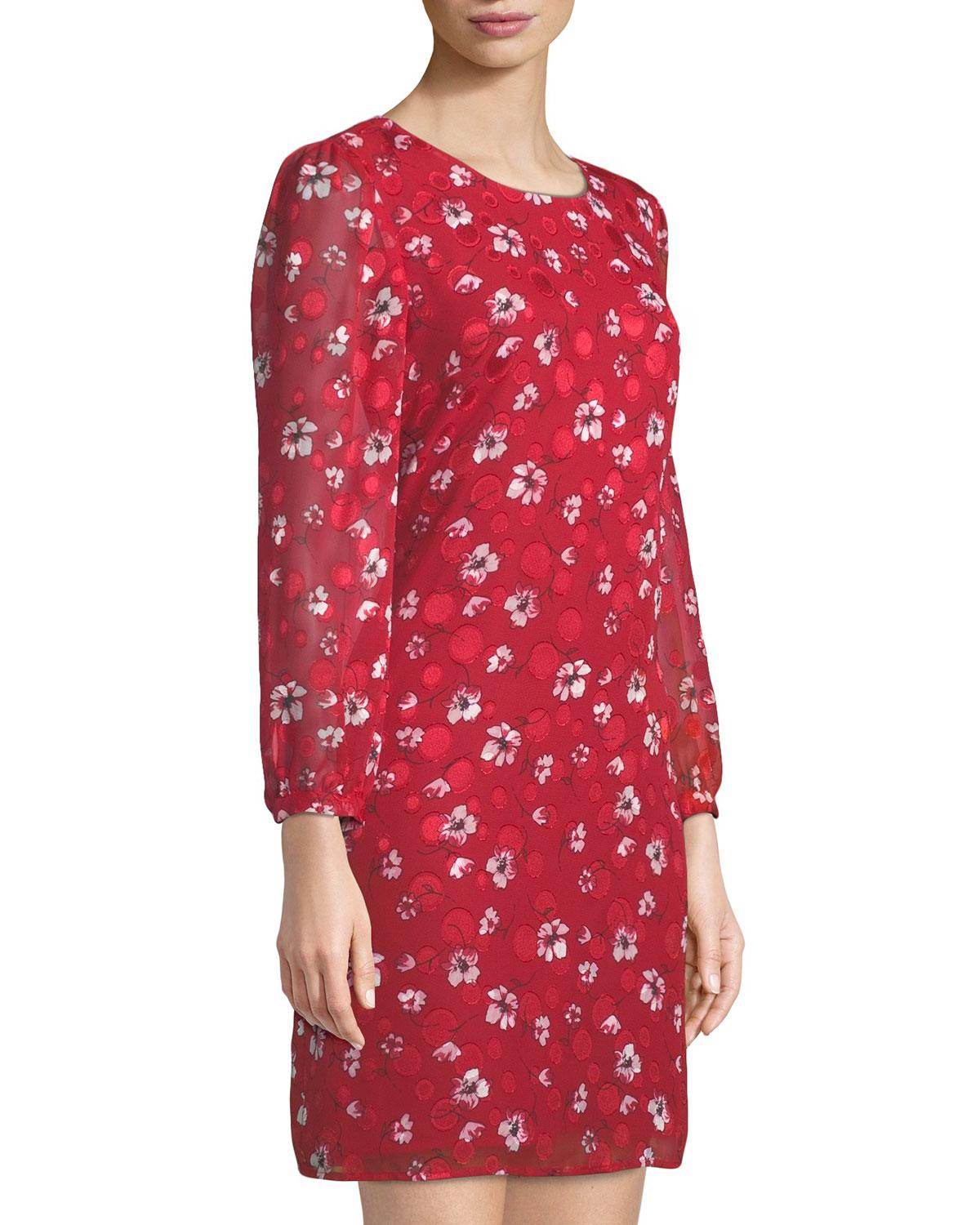 Karl Lagerfeld Floralprint Sheersleeve Shift Dress in Red Lyst