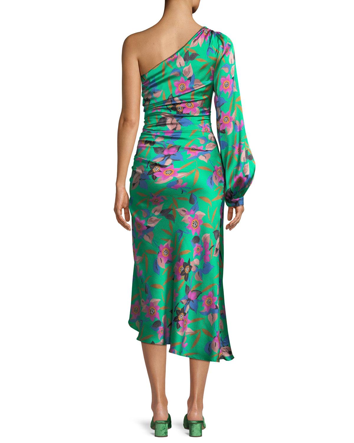 Etro One-sleeve Shirred Floral-print Hammered Silk Midi Dress in Green - Lyst