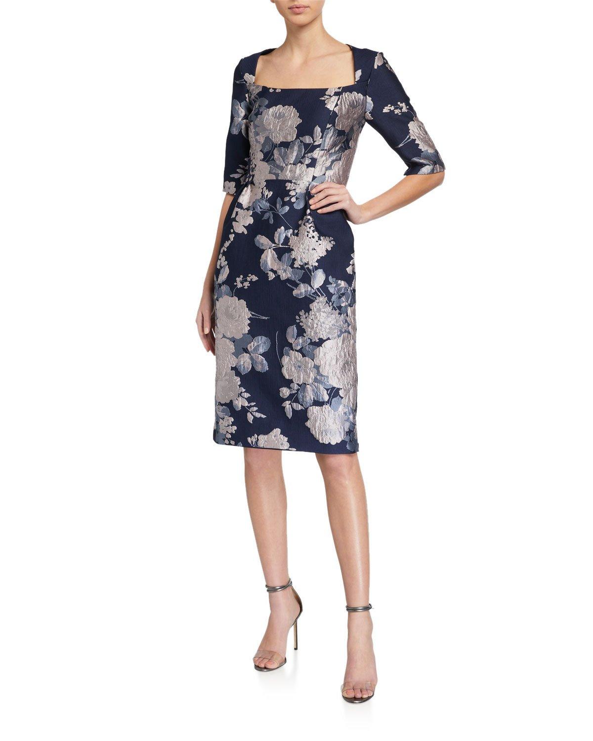 Kay Unger Synthetic Floral Jacquard Sheath Dress in Blue - Lyst