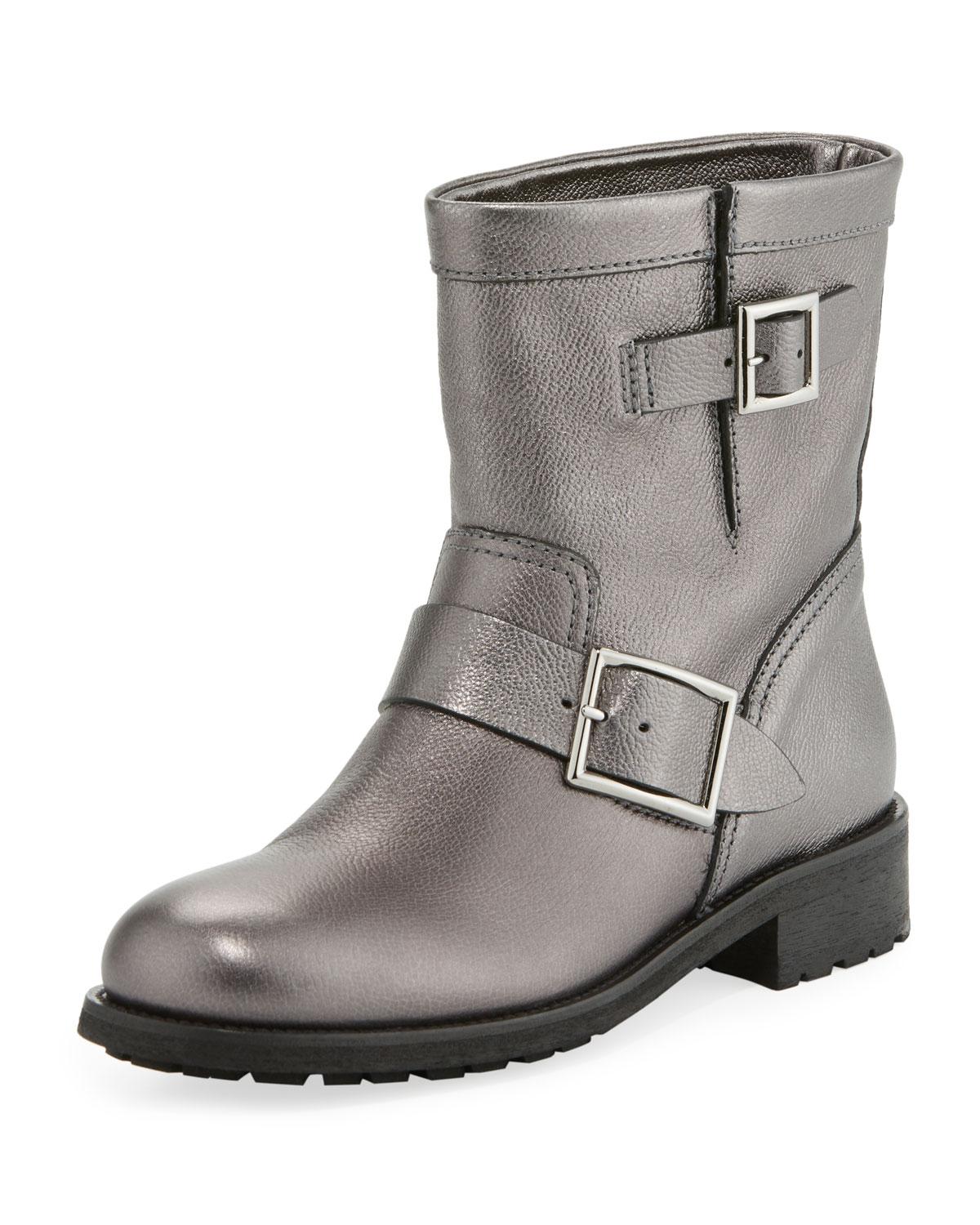 Jimmy Choo Youth Flat Metallic Leather Moto Boots in Gray