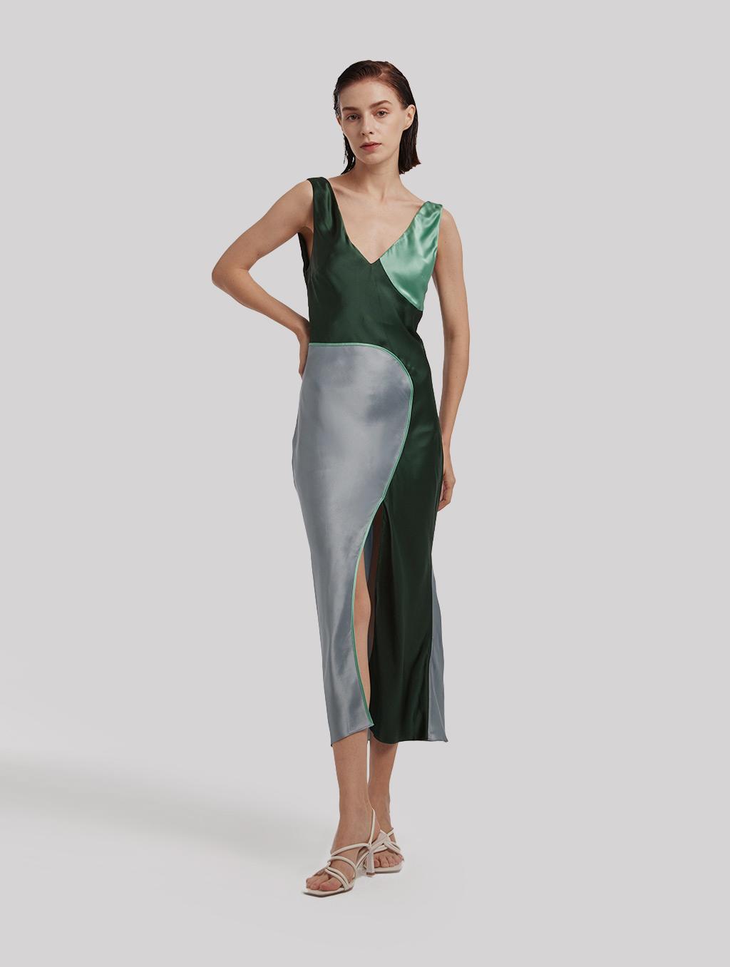Lattelier Contemporary Deep V-neck Silk Tank Dress in Green | Lyst