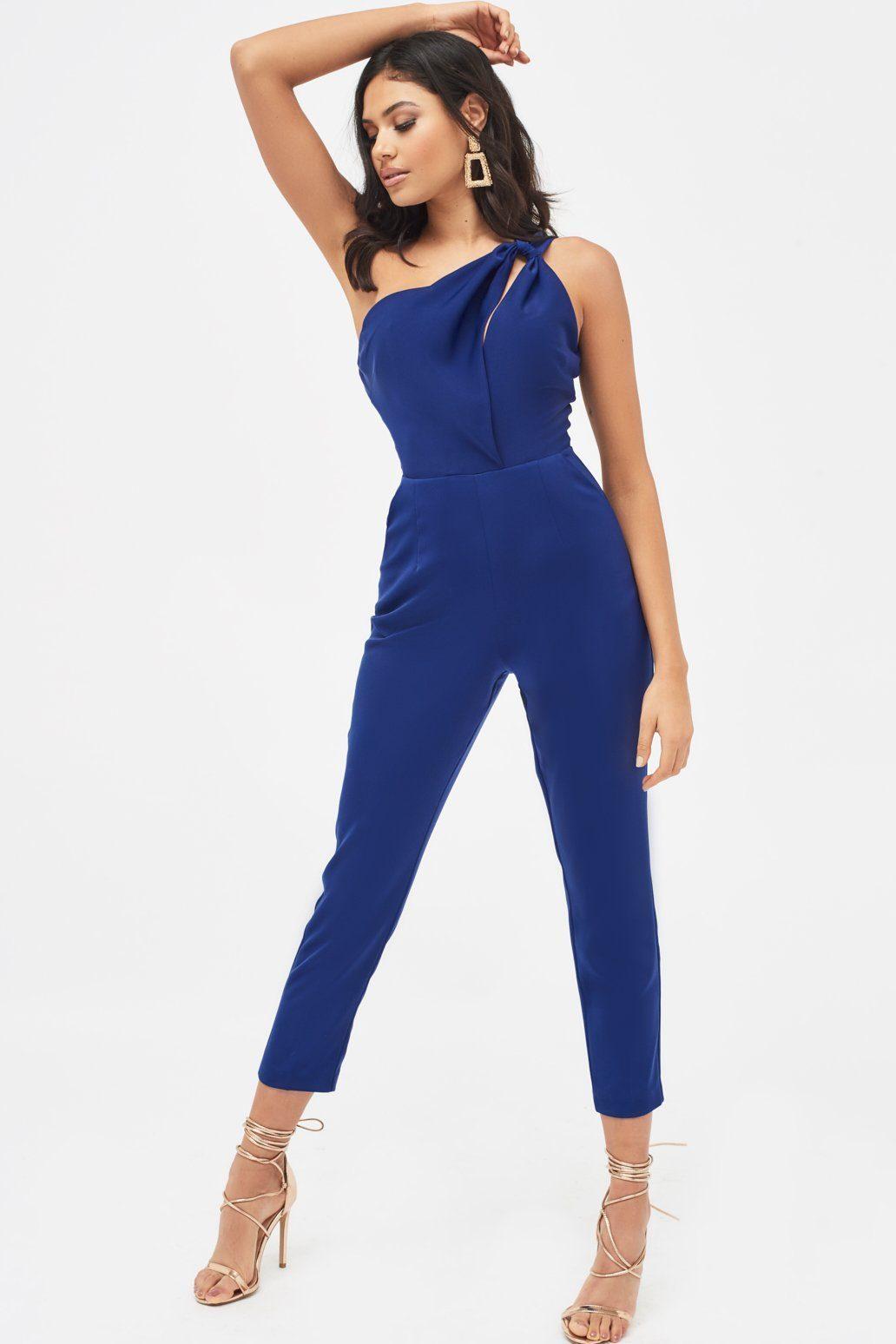 Lavish Alice Synthetic One Shoulder Cutout Tapered Jumpsuit in Blue - Lyst