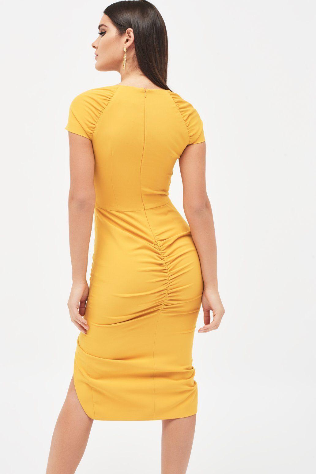 Lavish Alice Synthetic Square Neck Ruched Midi Dress in Yellow - Lyst