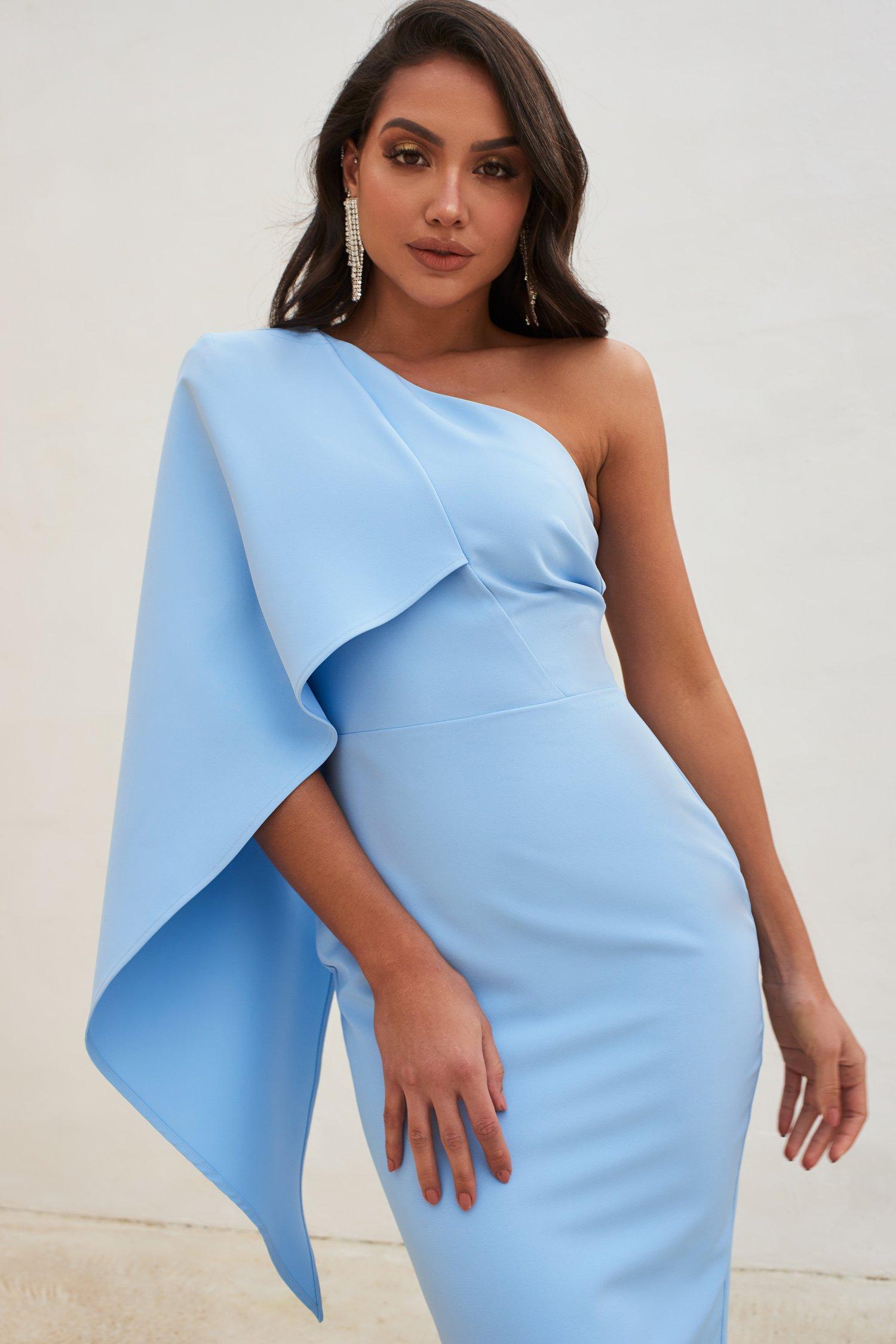 Lavish Alice Synthetic One Shoulder Cape Midi Dress in Blue - Lyst