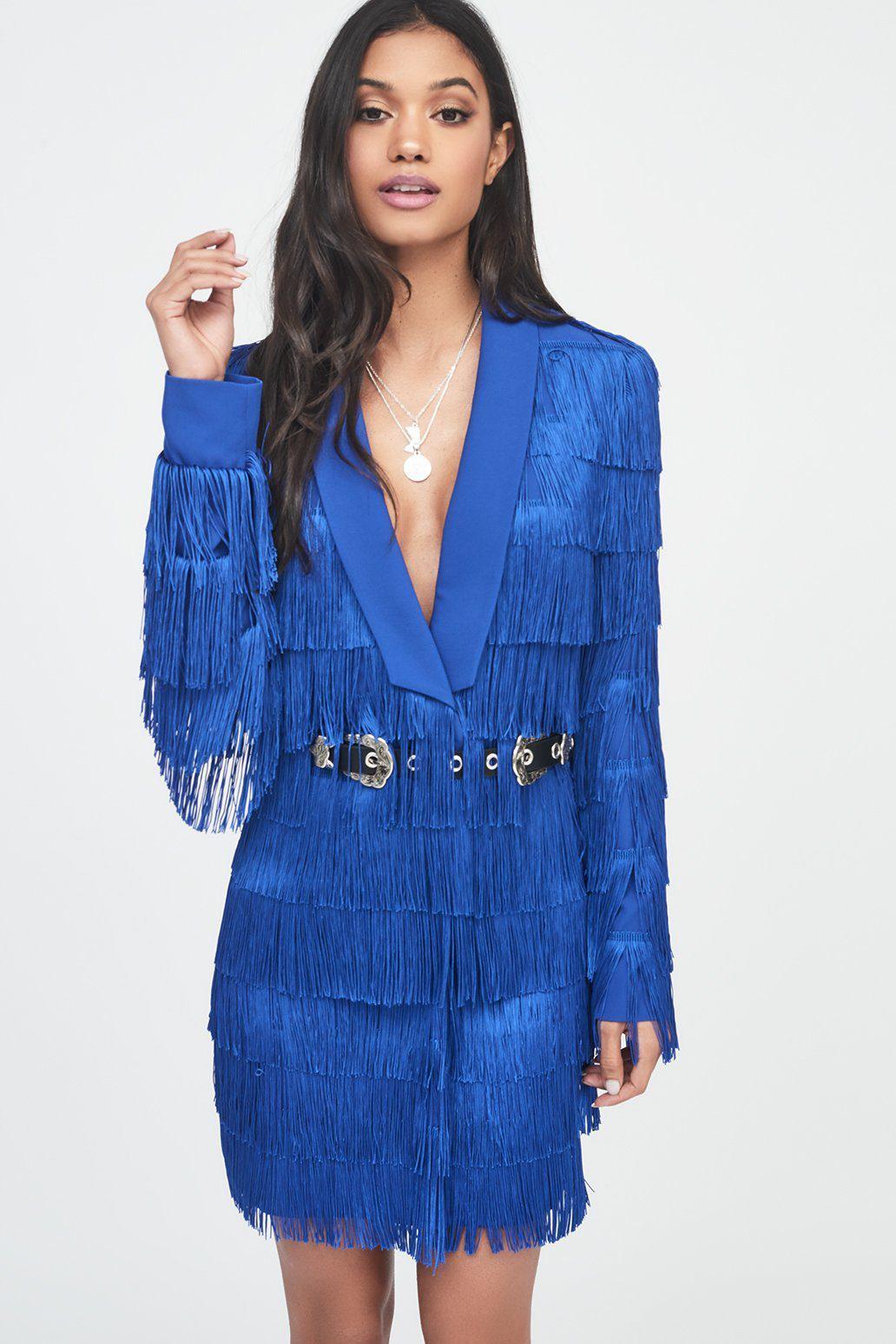 Lavish Alice Synthetic Cobalt Blue Fringe Tailored Blazer