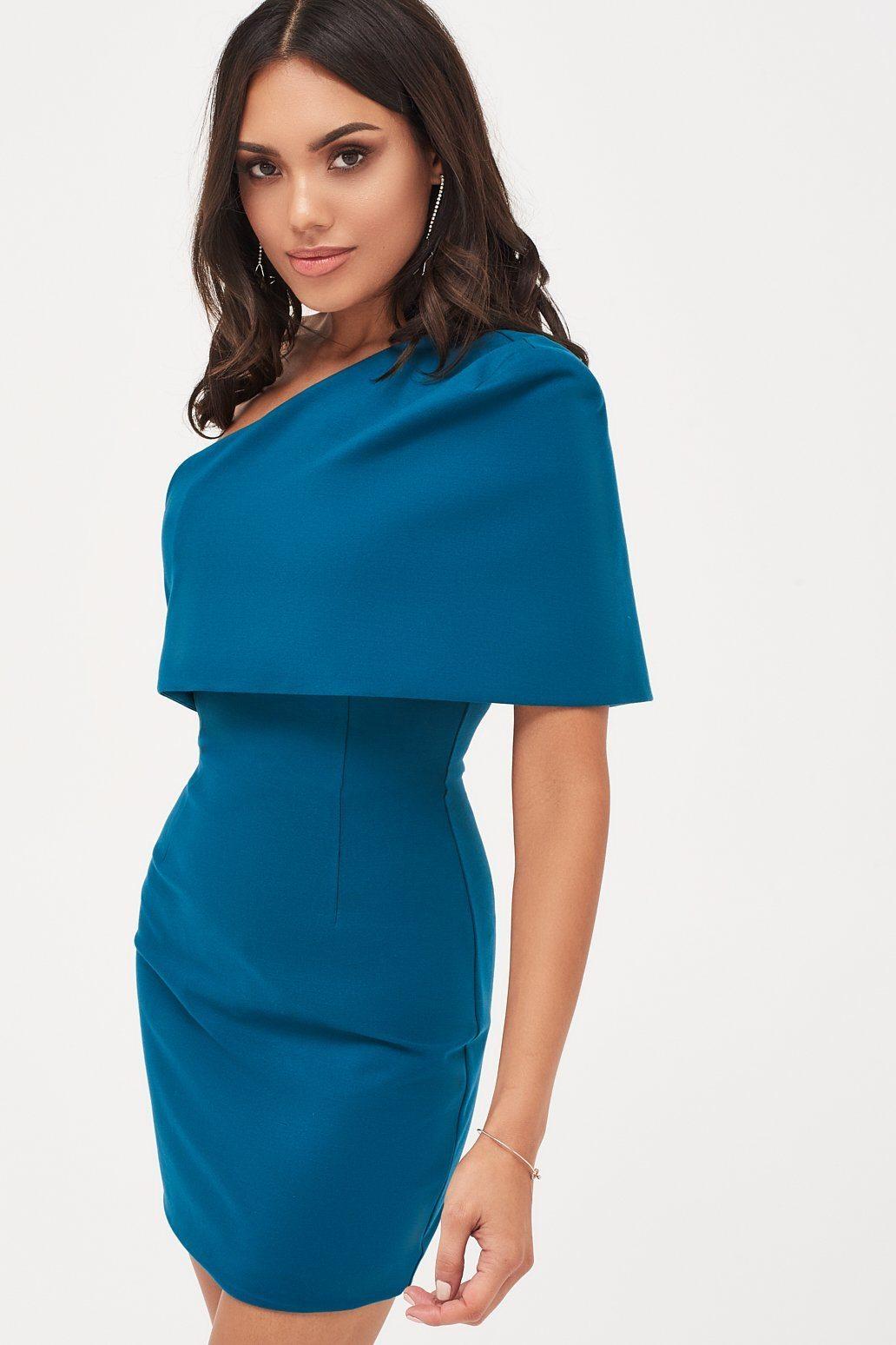 Lavish Alice Synthetic One Shoulder Cape Mini Dress in Blue - Lyst