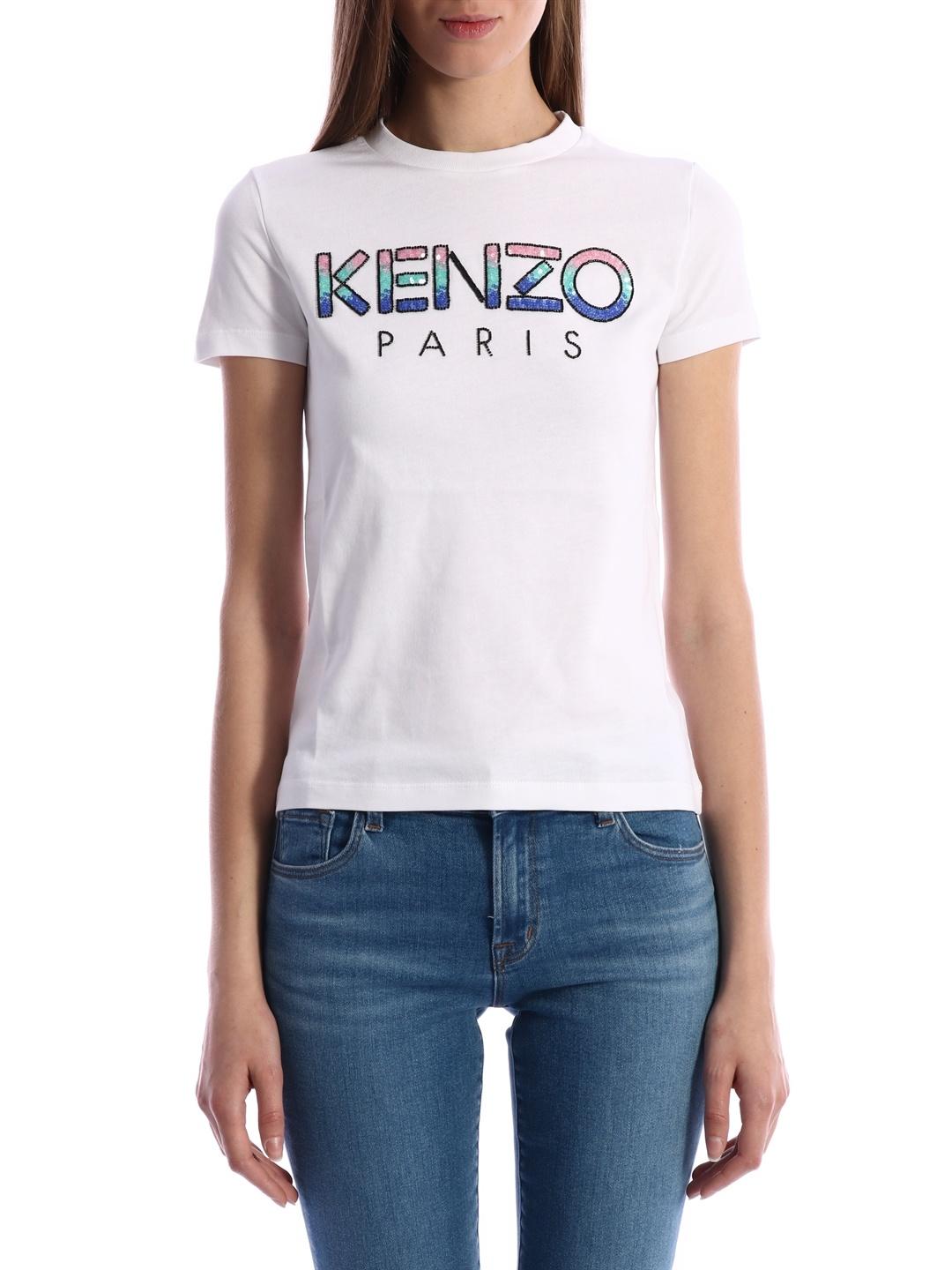 KENZO T-shirt Sequins Logo in White | Lyst