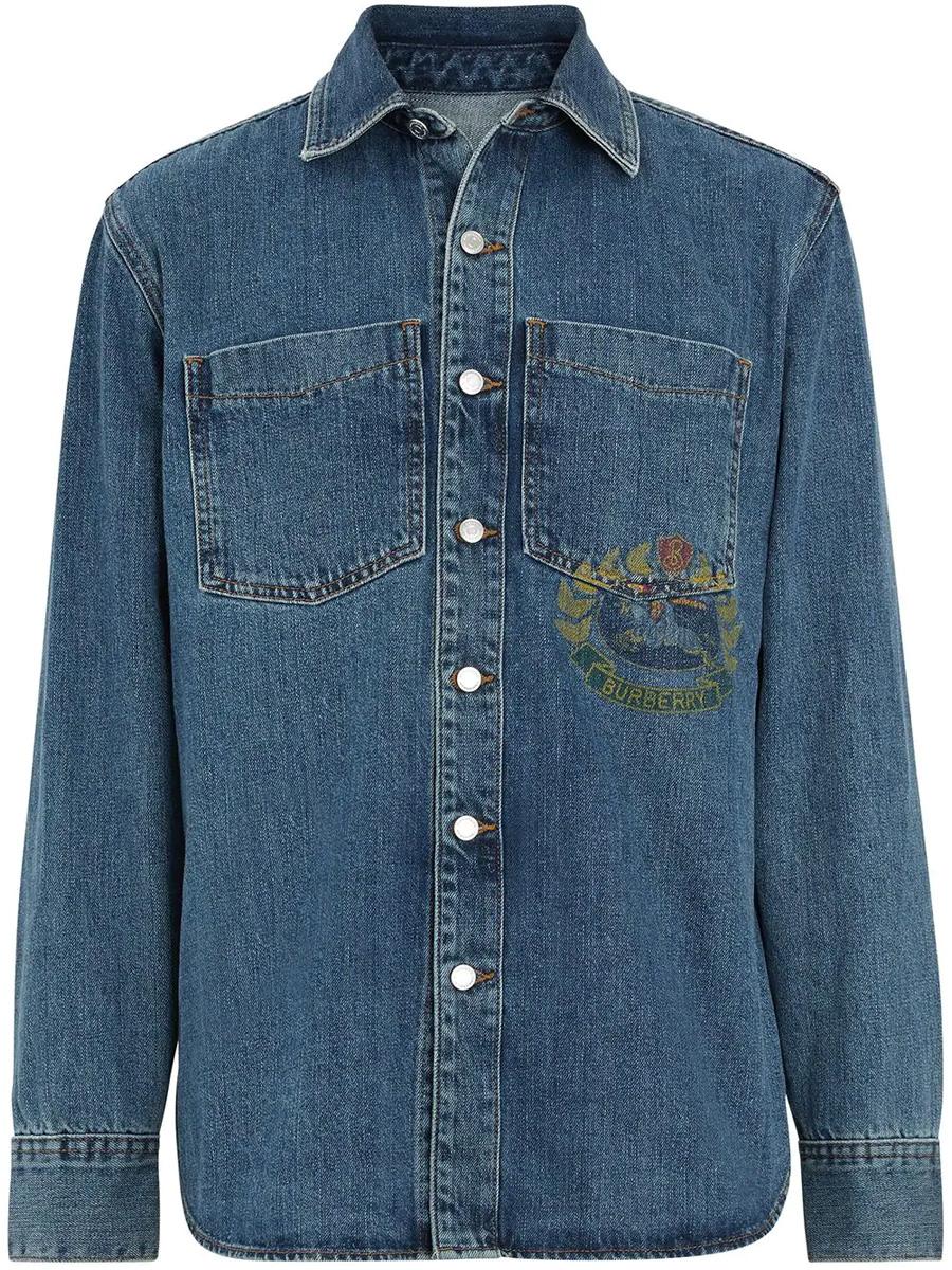 Burberry Crest-print Denim Shirt in Blue for Men - Lyst