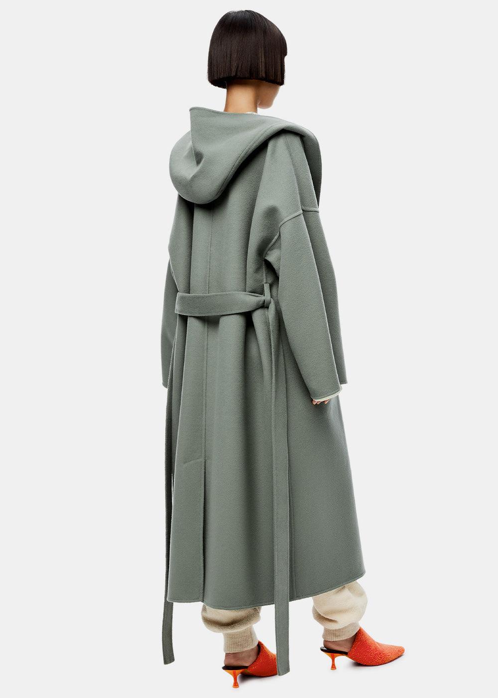 Loewe Wool Anagram Jacquard Hooded Coat in Khaki Green & Soft 