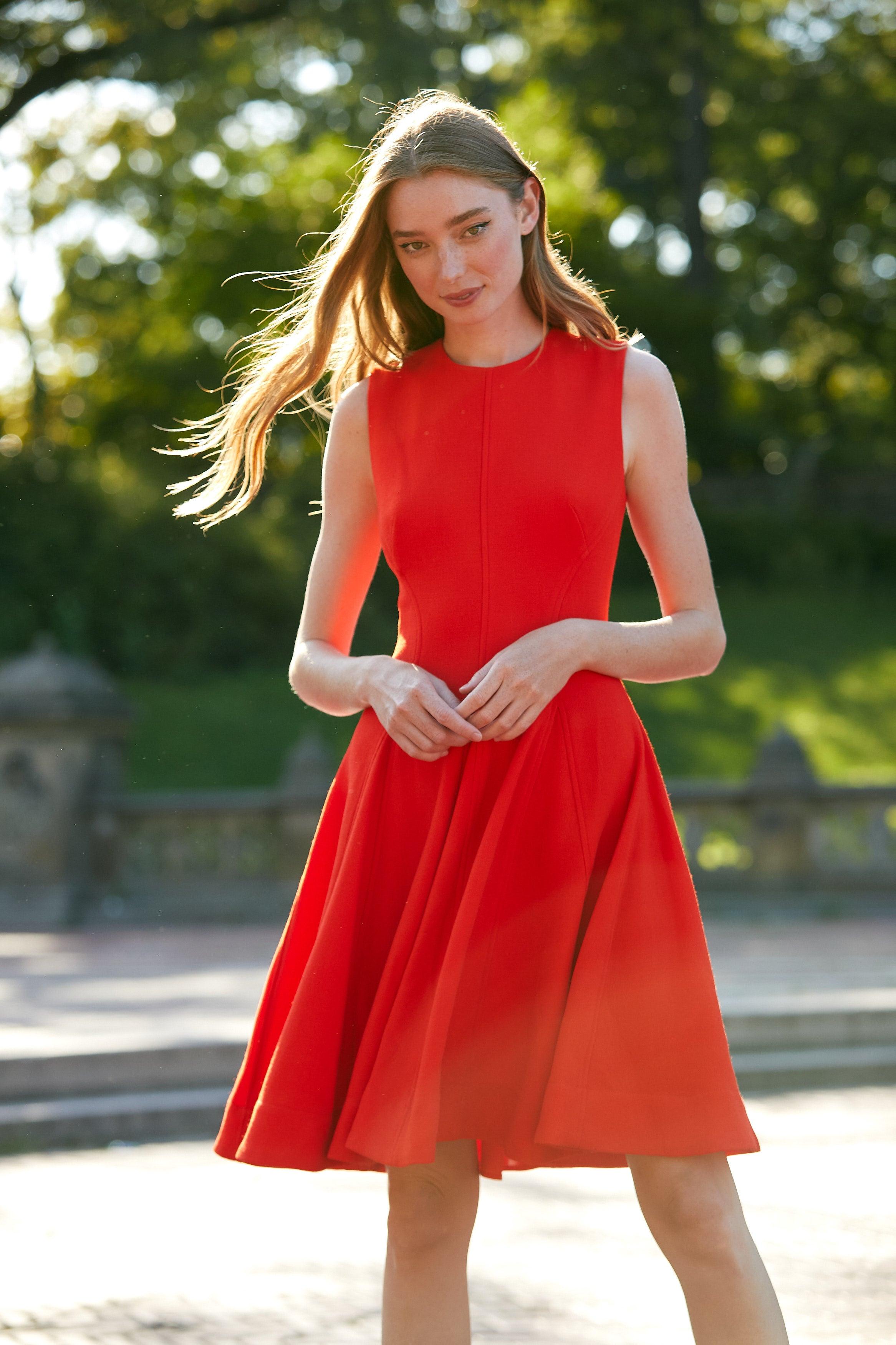 Wool Crepe Seamed Flare Hem Dress 