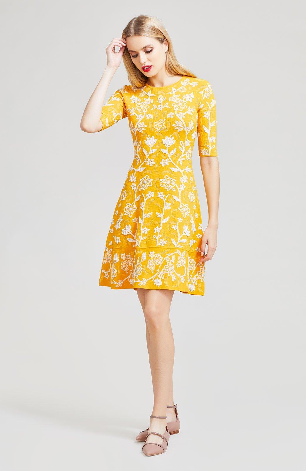Lela Rose Floral Embroidered Knit Flare Hem Dress in Marigold/Ivory (Yellow) - Lyst