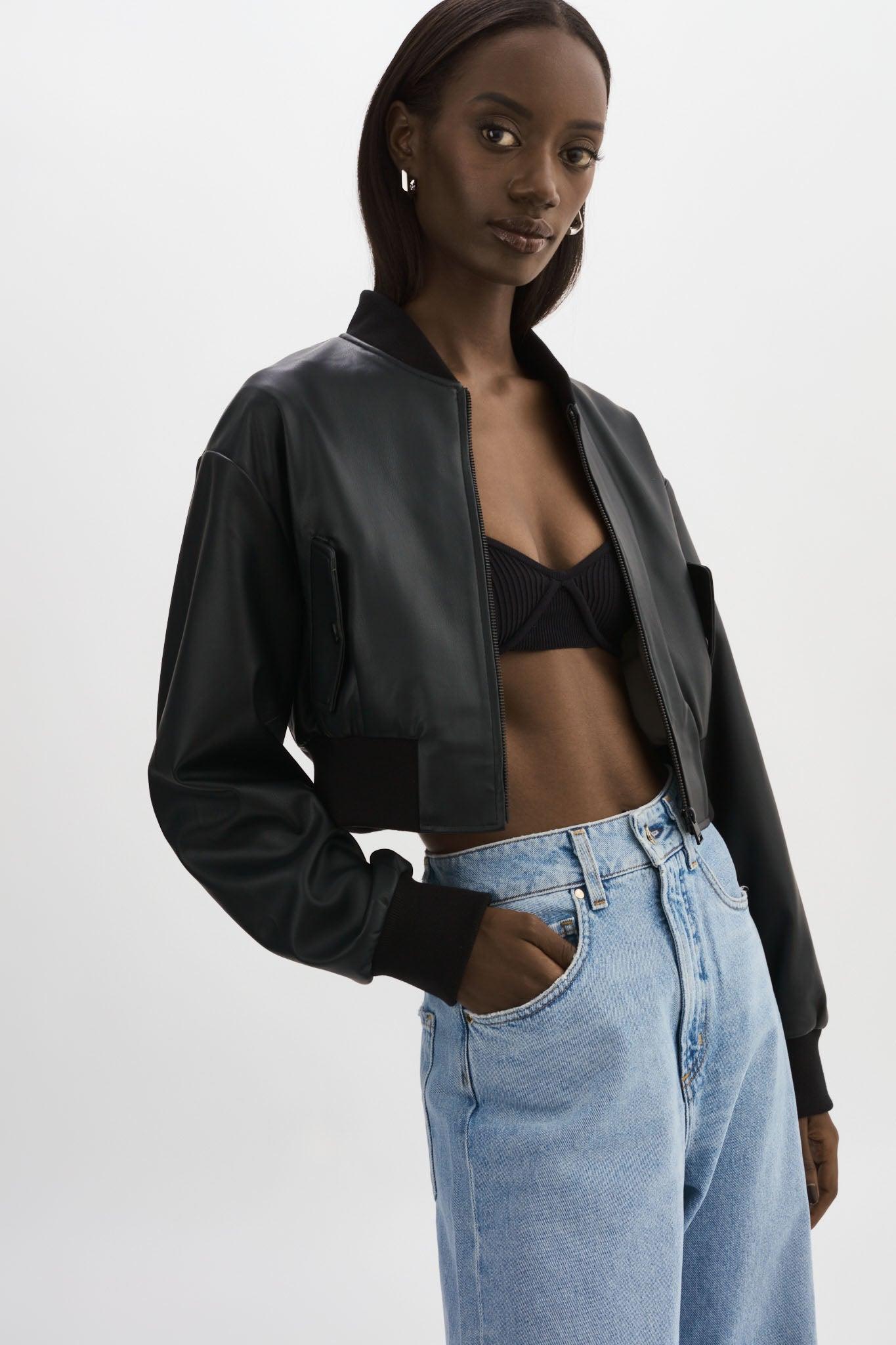 Lamarque Evelin Faux Leather Bomber Jacket in Black | Lyst