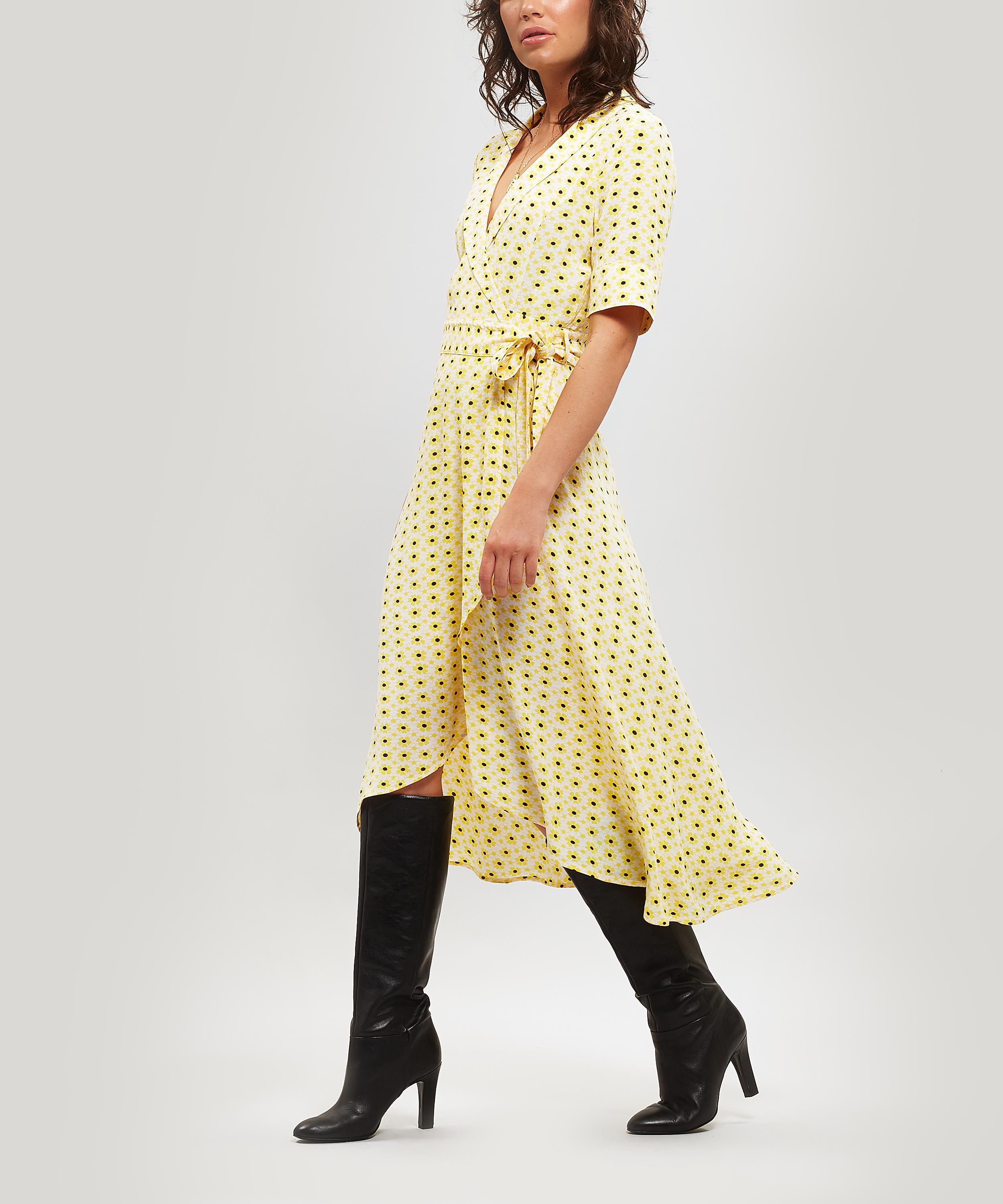 Ganni Printed Crepe Midi Wrap Dress in Pastel Yellow (Yellow) | Lyst Canada