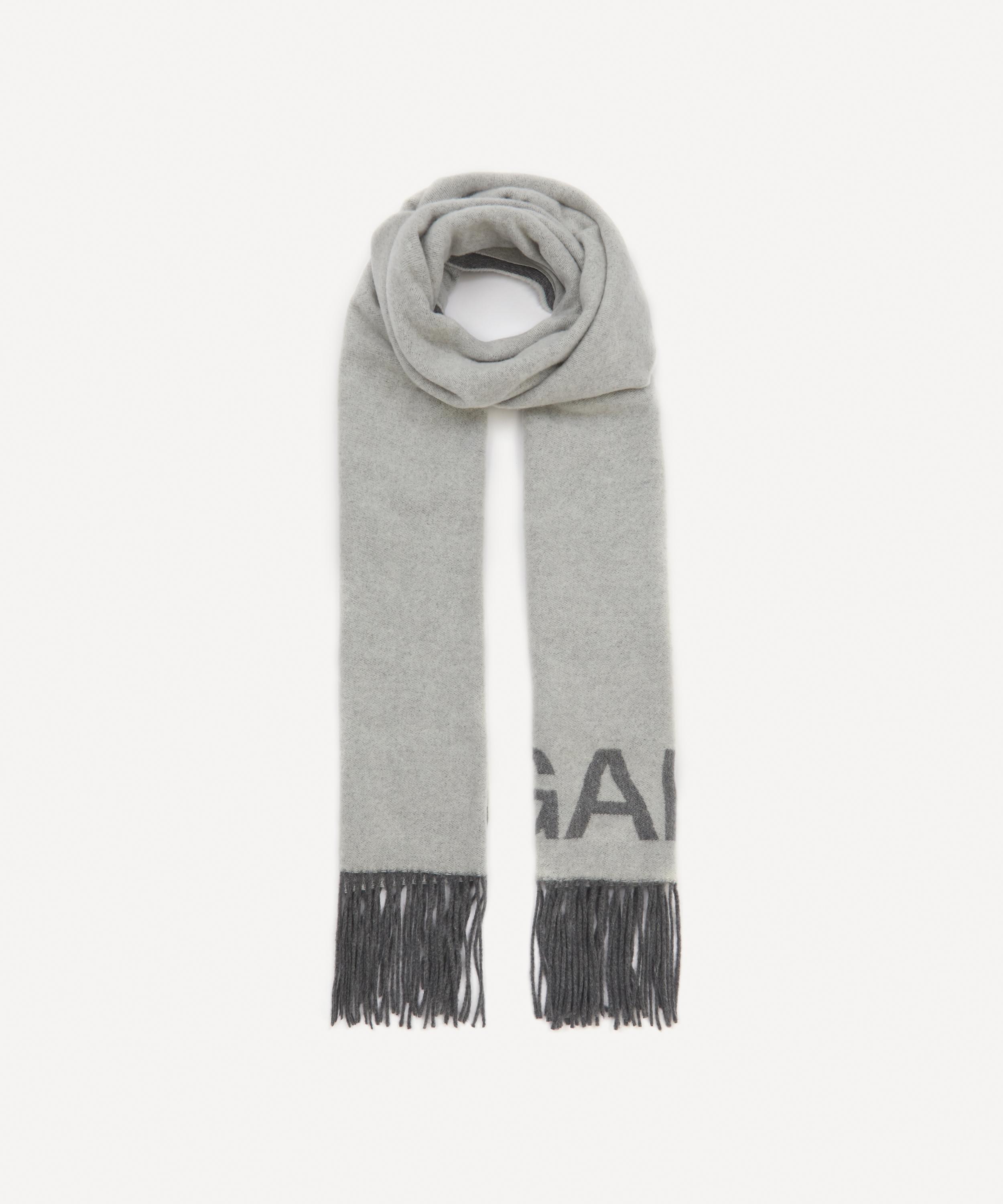 Ganni Wool Fringed Logo Scarf One Size in Grey | Lyst UK