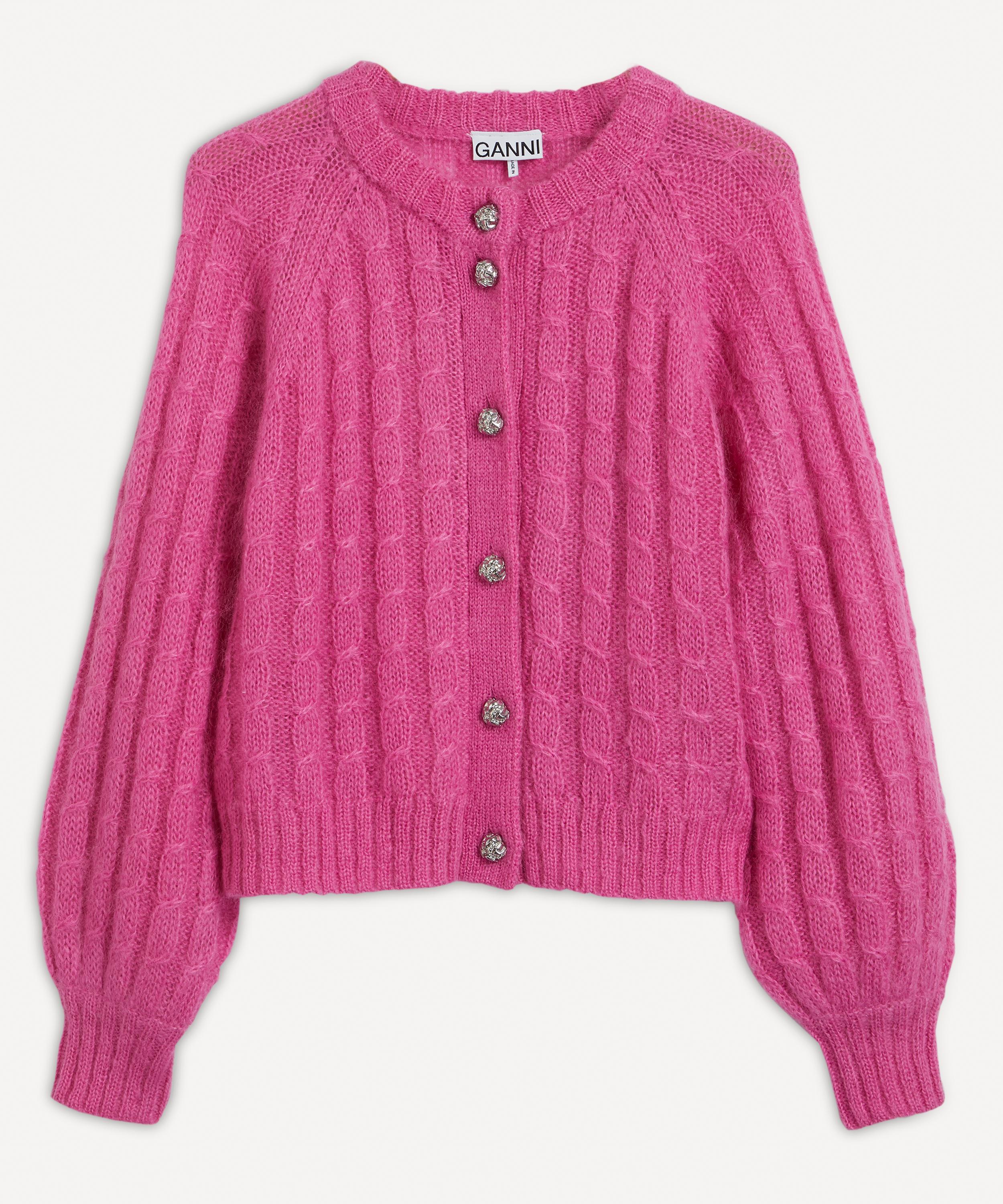 Ganni Wool Mohair Cable-knit Cardigan - Size 4 in Pink | Lyst