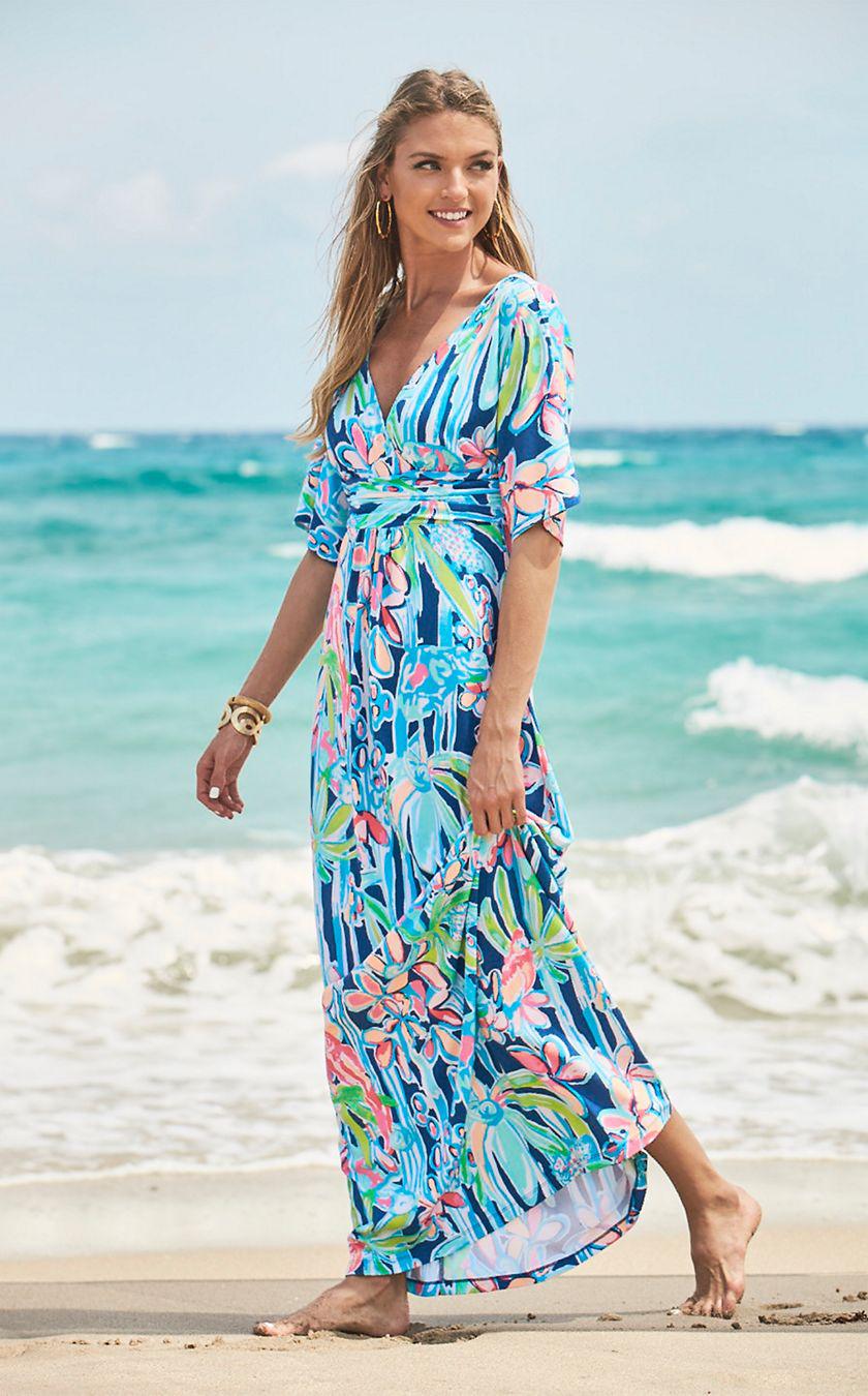fitted lace wedding dress Lilly Pulitzer Womens Parigi Elbow Sleeve Maxi True Navy X Gold Metallic  Rope Stripe Crinkle Knit XS One Size at Amazon Women's Clothing store main image 1