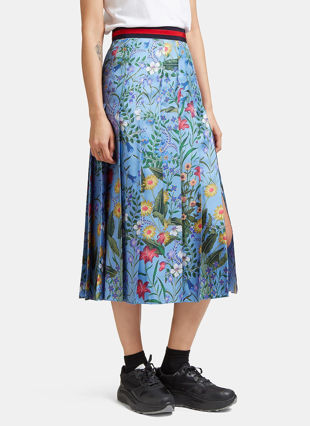 Gucci Women's New Flora Print Silk Pleated Skirt In Blue | Lyst