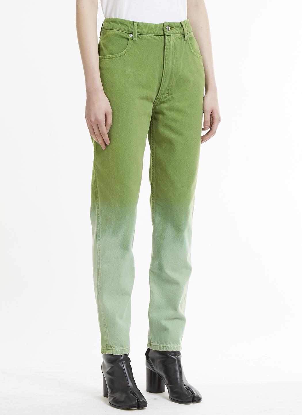 green faded jeans