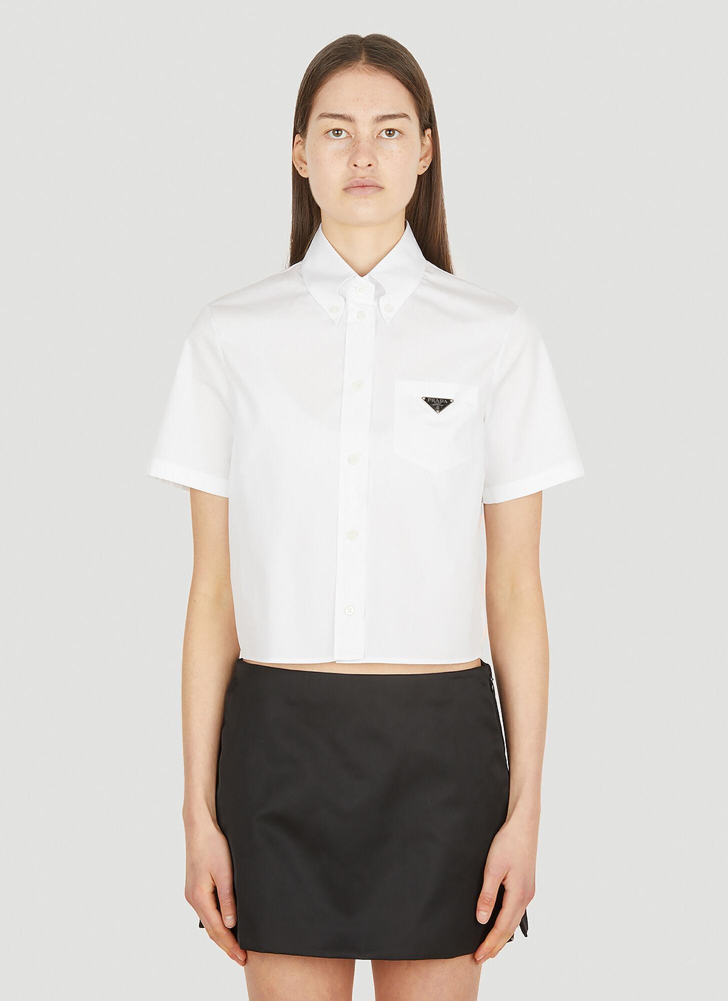 Prada Logo Plaque Cropped Shirt in White | Lyst