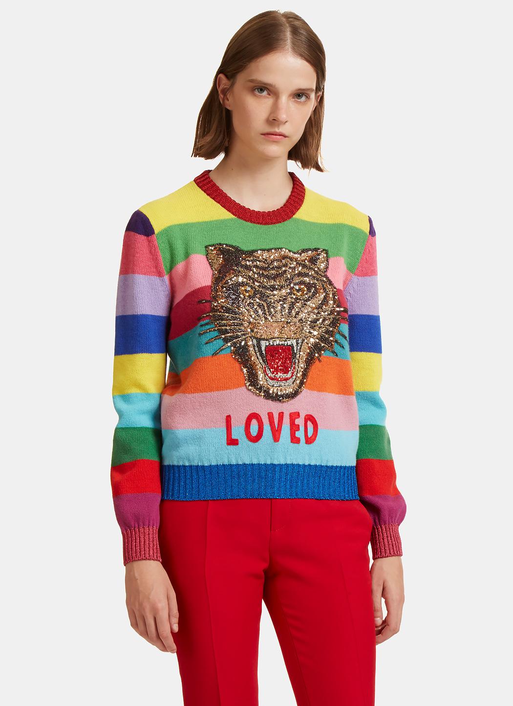 Gucci Tiger Embroidered Rainbow Wool Sweater In Multicolour - Lyst