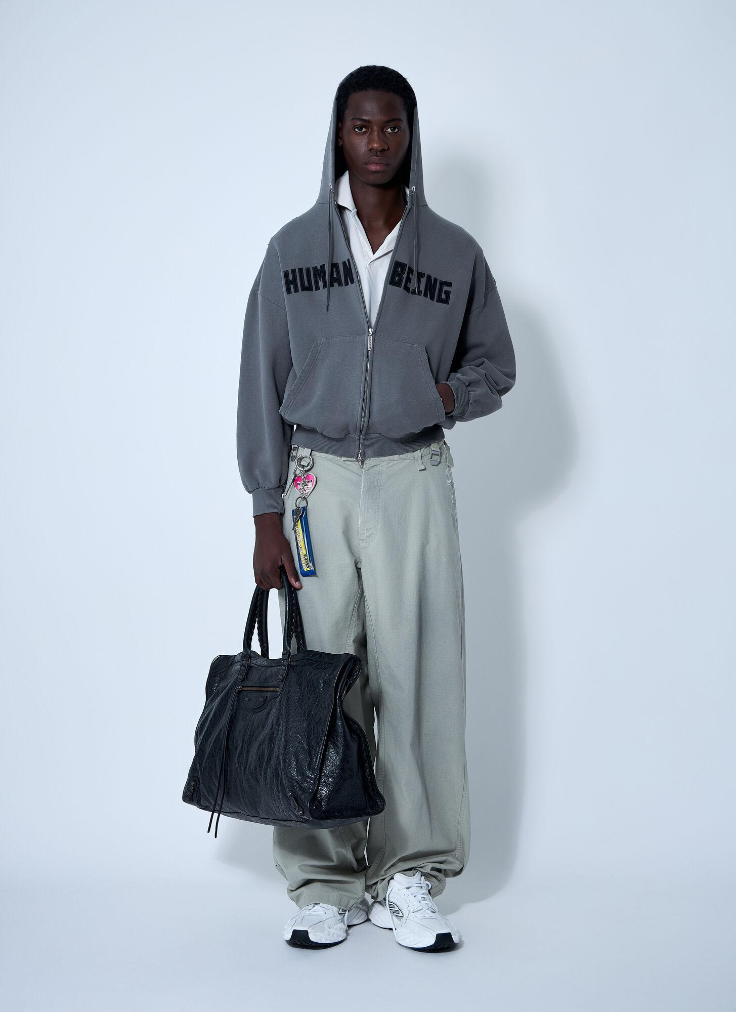 【BALENCIAGA】Human Being Shifted ジップアップ Hoodie Men's Human Being Shifted Zip-up Hoodie in Smoke Grey