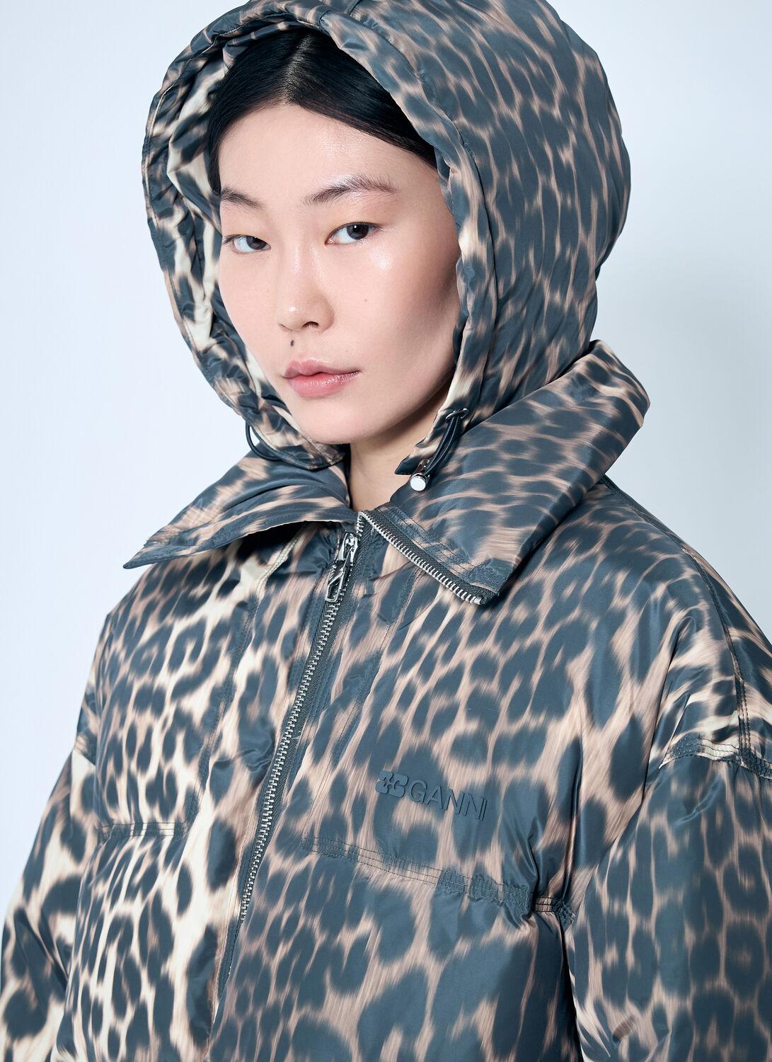 Ganni Leopard Midi Puffer Jacket in Blue | Lyst