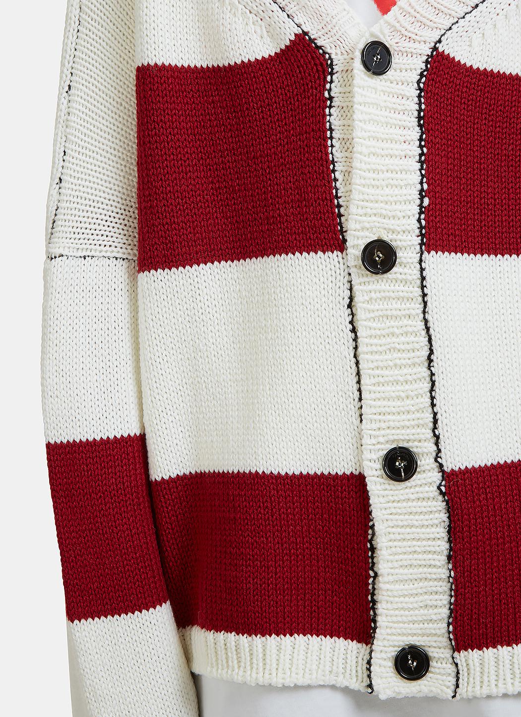Raf Simons Wool Disturbed Striped Knit Cardigan In White And Red