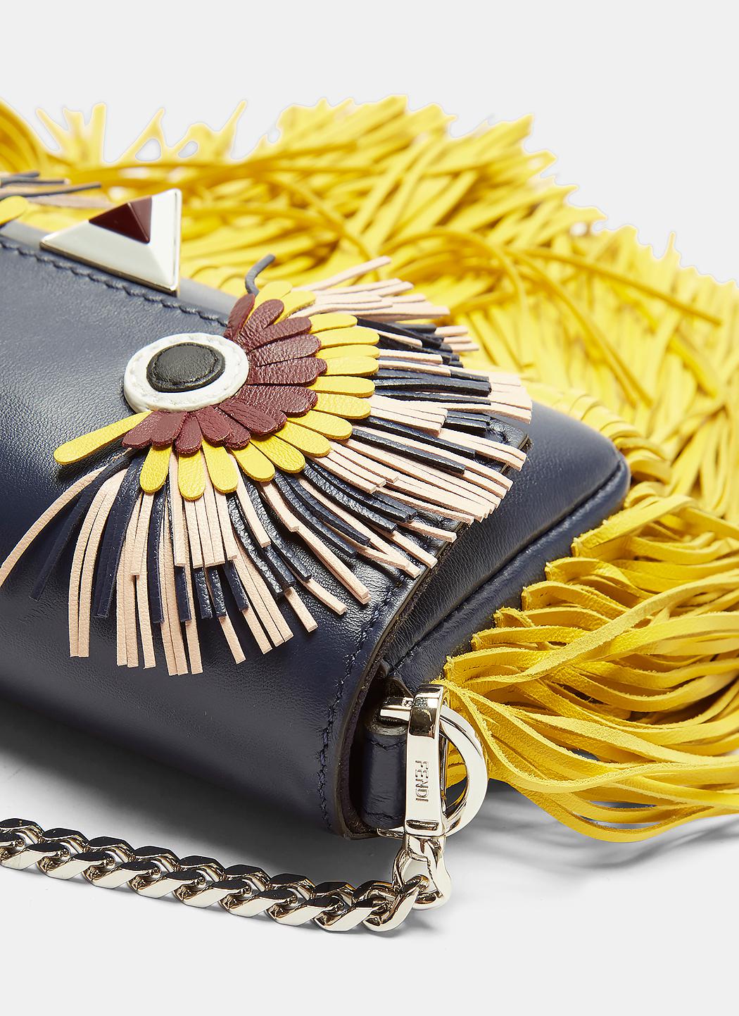 Fendi Leather Fringed Owl Motif Micro Baguette Crossbody Bag In Navy in