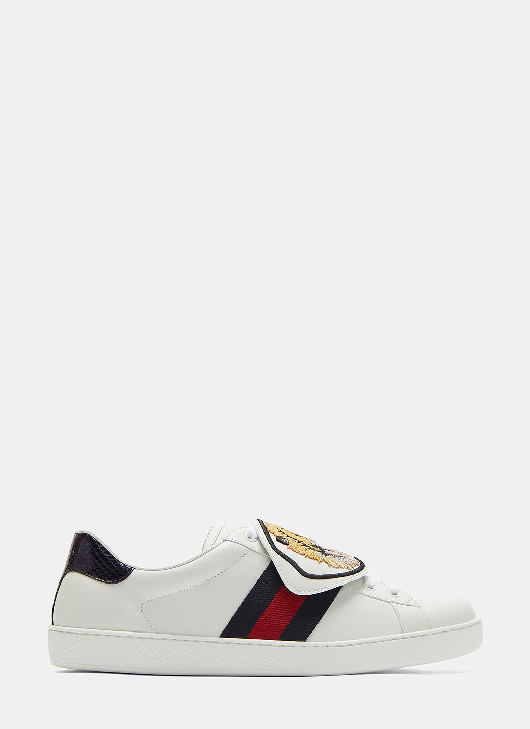 Gucci Leather Ace Removable Embroidered Tiger Patch Sneakers In White ...