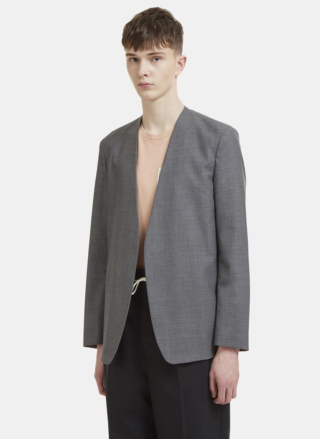 grey collarless jacket
