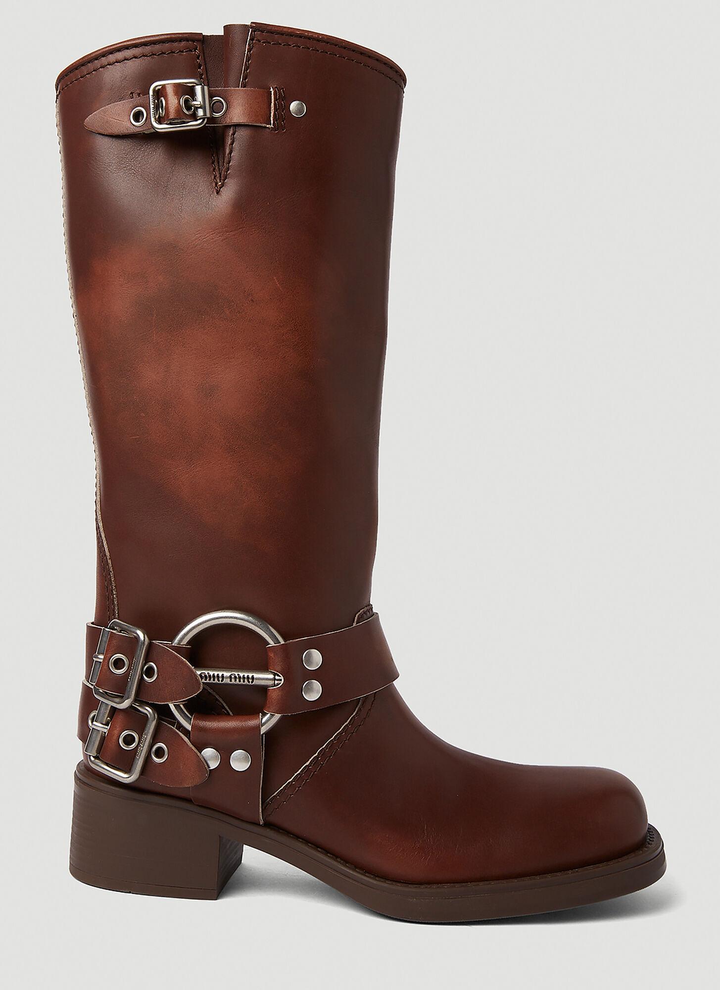 24PF new/MiuMiu ブロックヒールモトブーツ Boots Brown Miu Miu Motorcycle Boots in Brown | Lyst