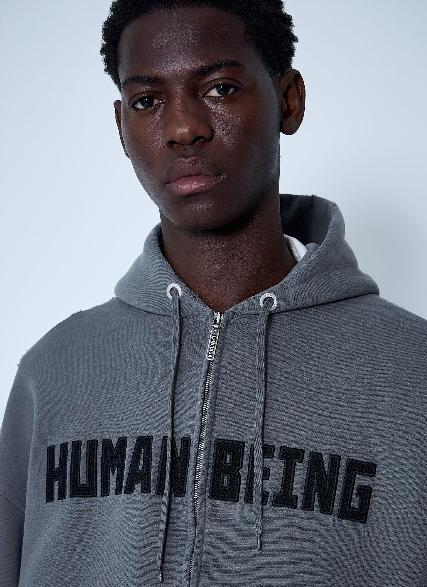 Balenciaga Zip-Up Human Being Hooded Sweatshirt in Blue